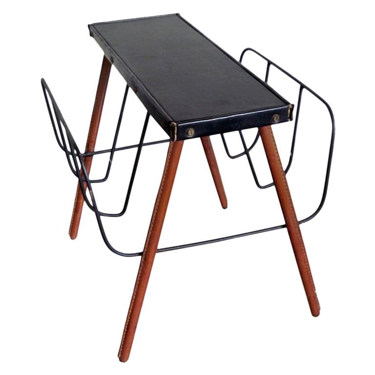 French Midcentury Handstitched Leather Bench / Magazine Stand by Jacques Adnet For Sale