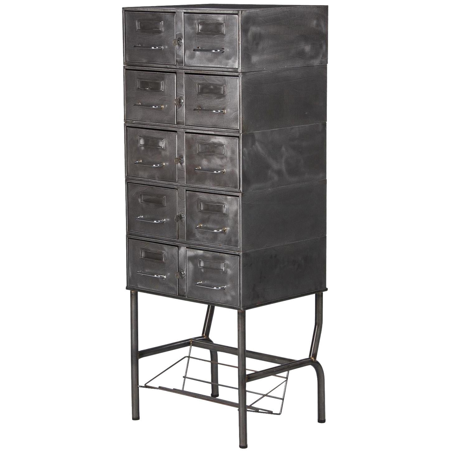 French Midcentury Industrial Polished Steel File Cabinet, 1950s