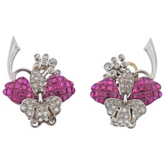 French Midcentury Invisible Set Ruby Diamond Platinum Earrings