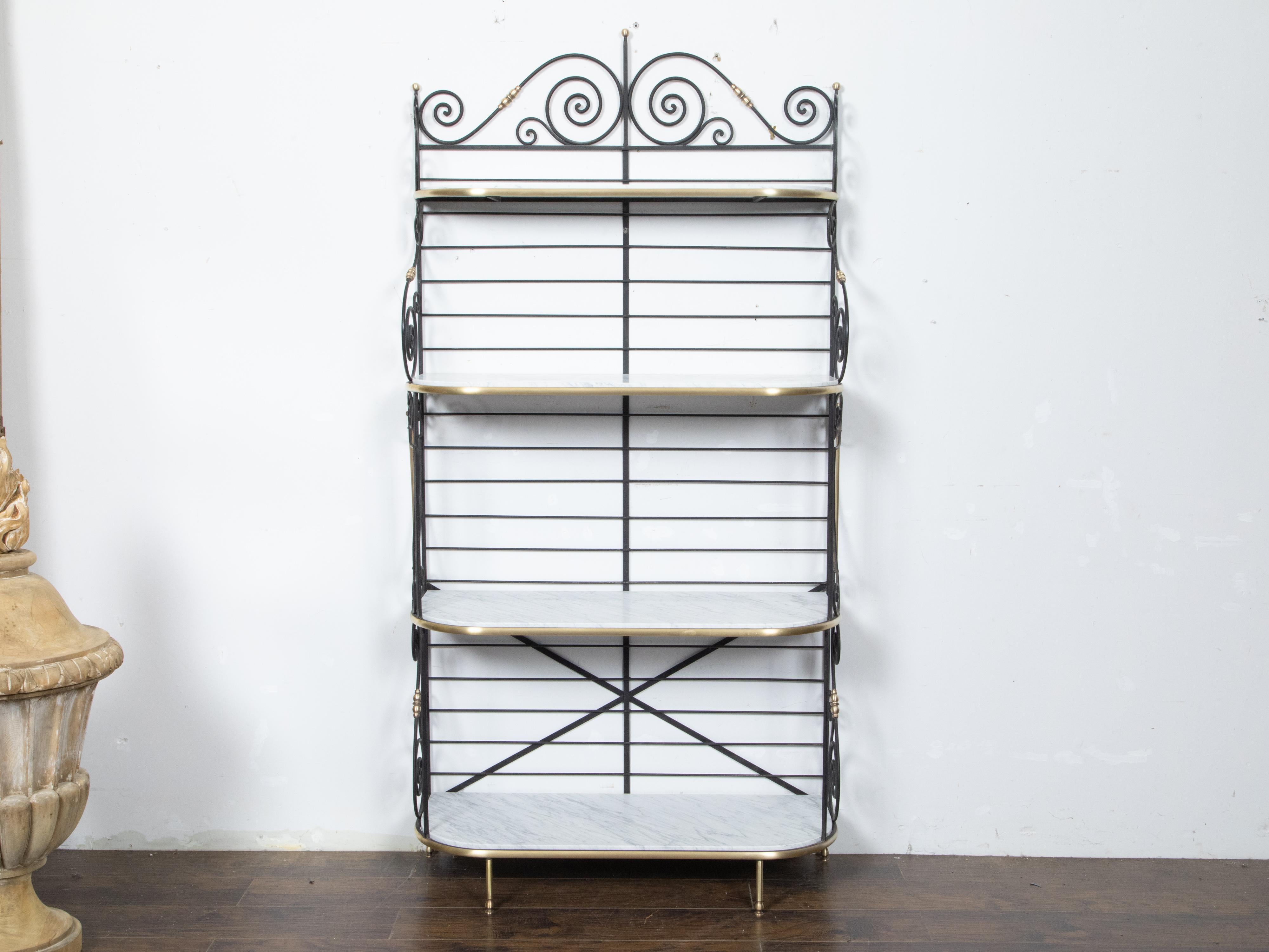 French Midcentury Iron Baker’s Rack with Brass Accents and White Marble Shelves For Sale 8
