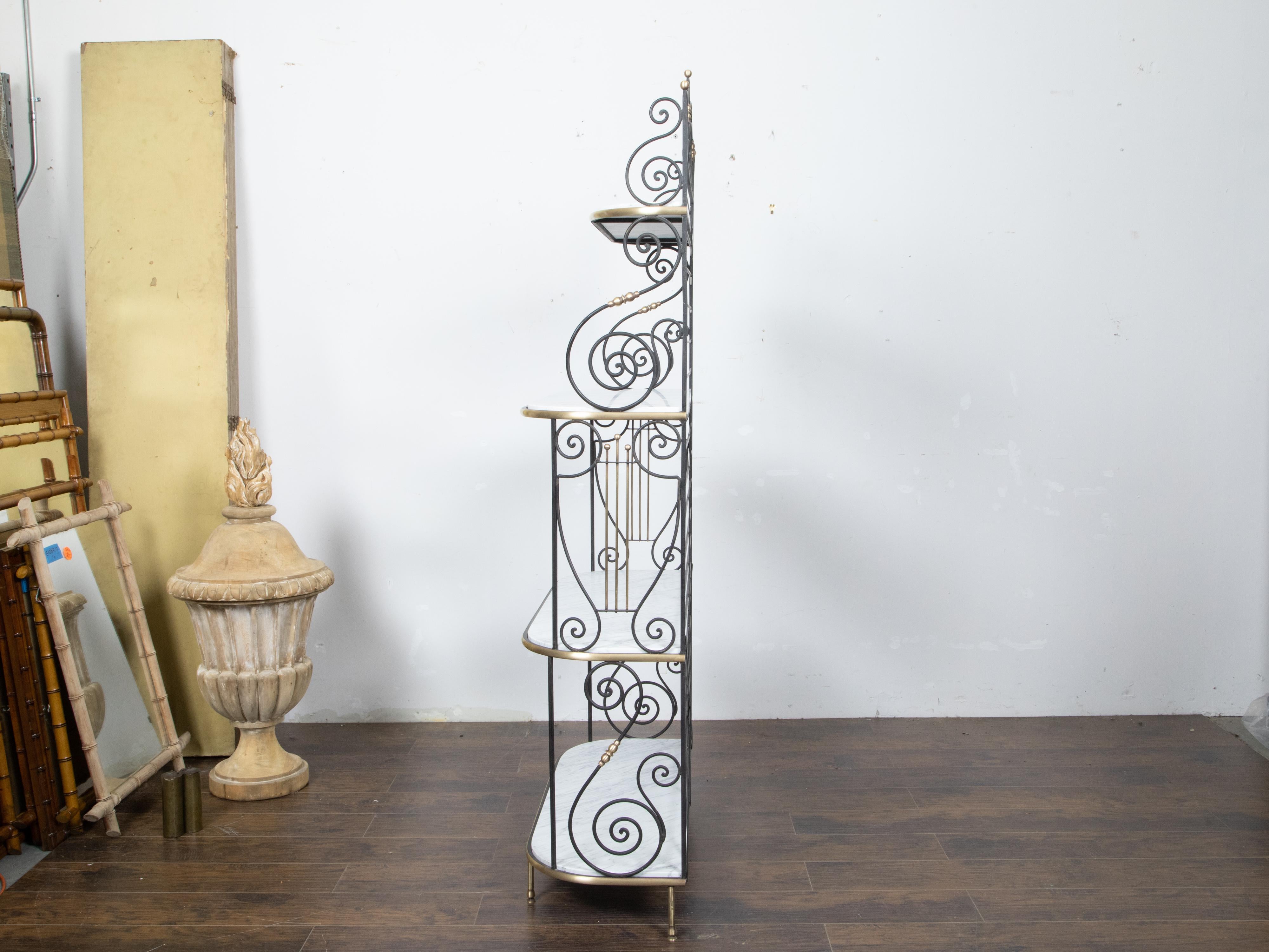 Mid-Century Modern French Midcentury Iron Baker’s Rack with Brass Accents and White Marble Shelves For Sale