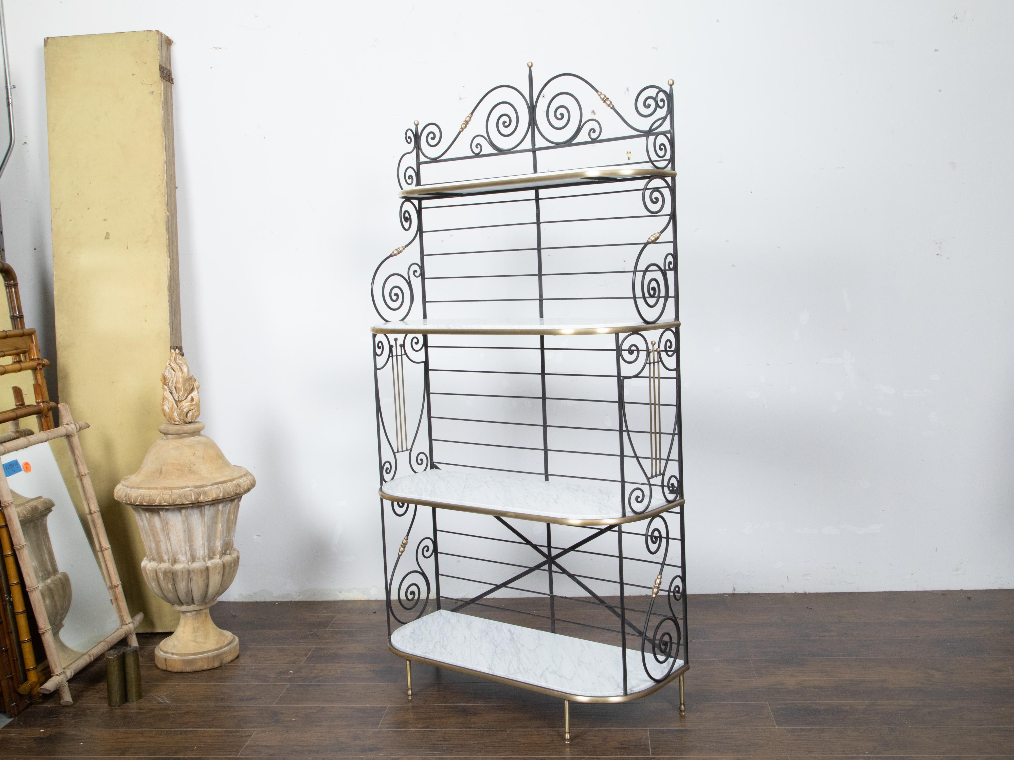 French Midcentury Iron Baker’s Rack with Brass Accents and White Marble Shelves In Good Condition For Sale In Atlanta, GA