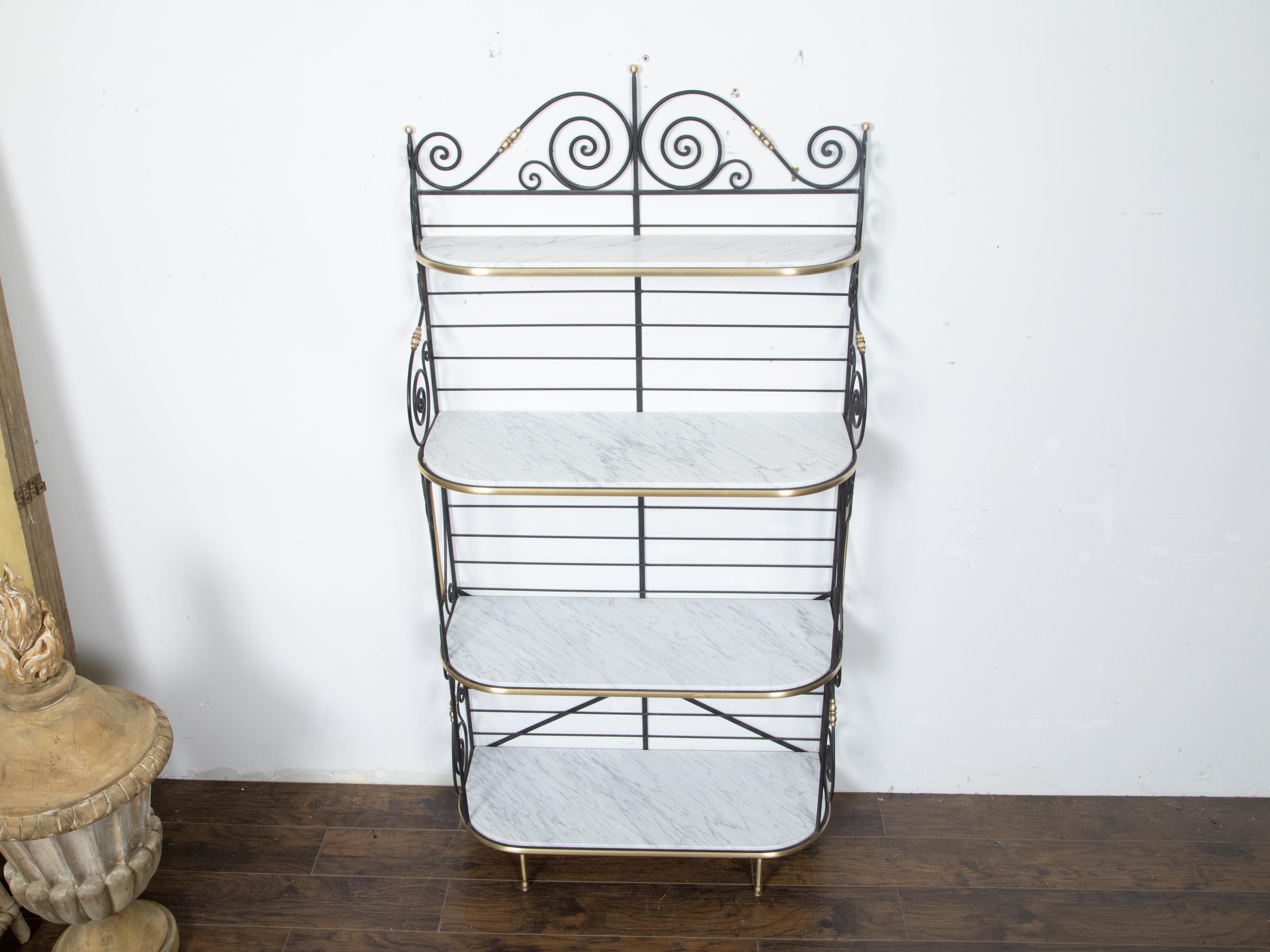 20th Century French Midcentury Iron Baker’s Rack with Brass Accents and White Marble Shelves For Sale