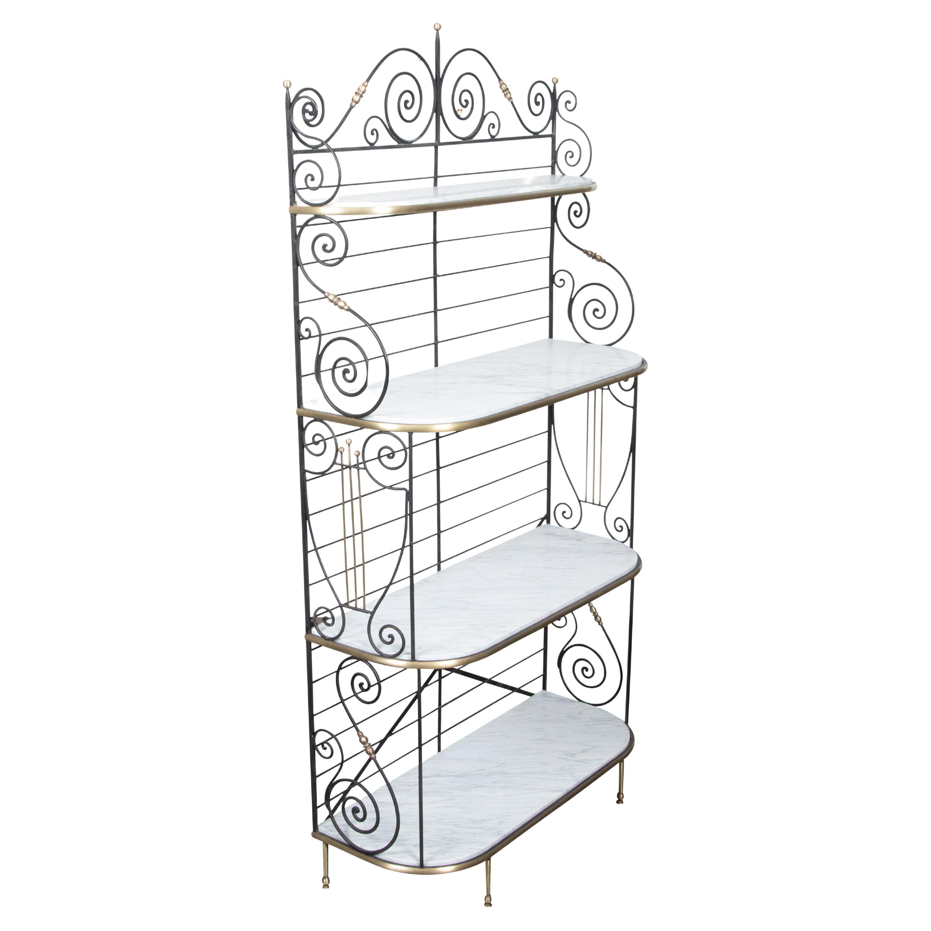 French Midcentury Iron Baker’s Rack with Brass Accents and White Marble Shelves For Sale