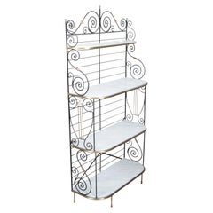 French Midcentury Iron Baker�’s Rack with Brass Accents and White Marble Shelves