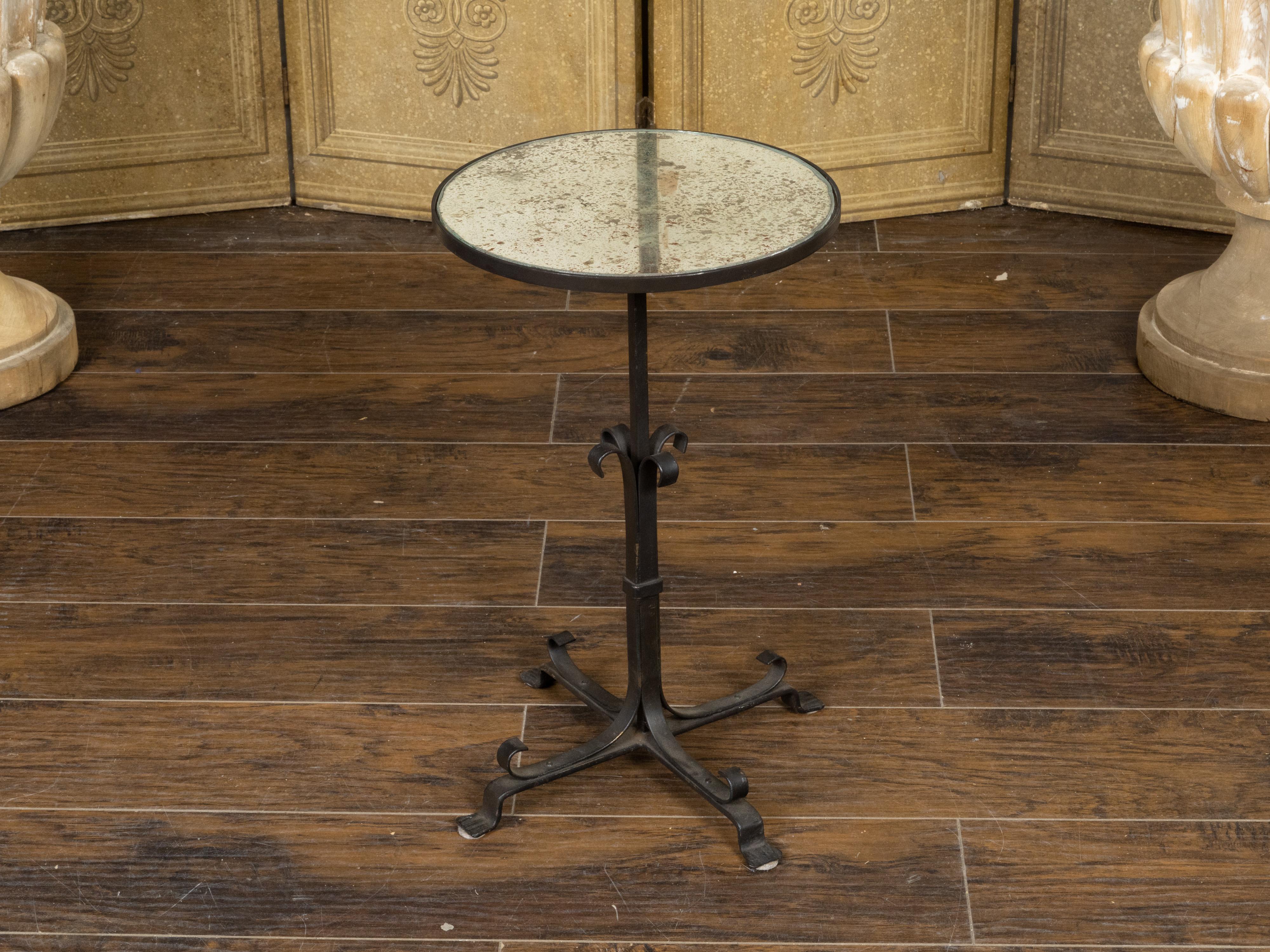 Mid-Century Modern French Midcentury Iron Side Table with Antiqued Mirrored Top and Scrolling Base For Sale
