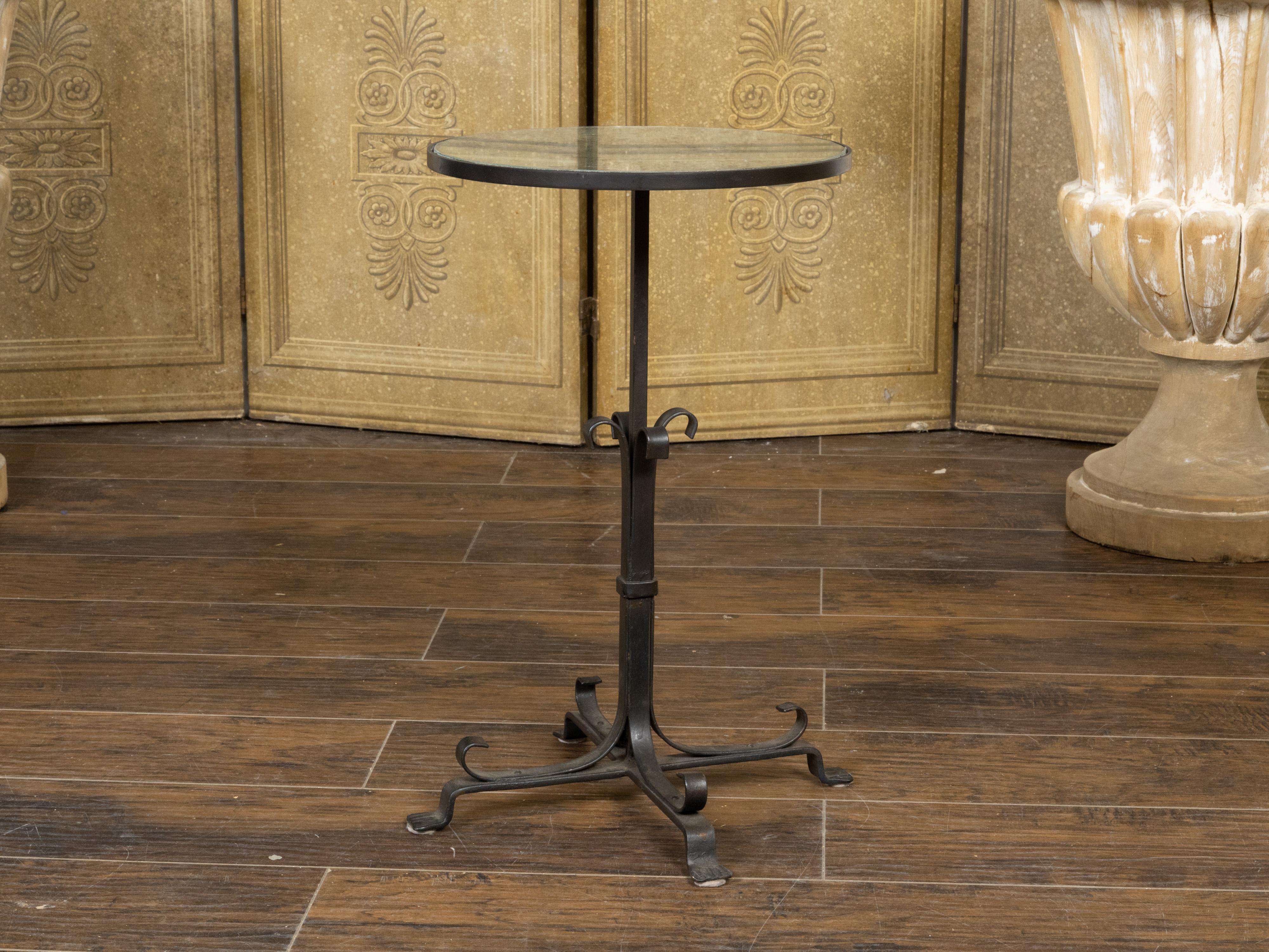 20th Century French Midcentury Iron Side Table with Antiqued Mirrored Top and Scrolling Base For Sale