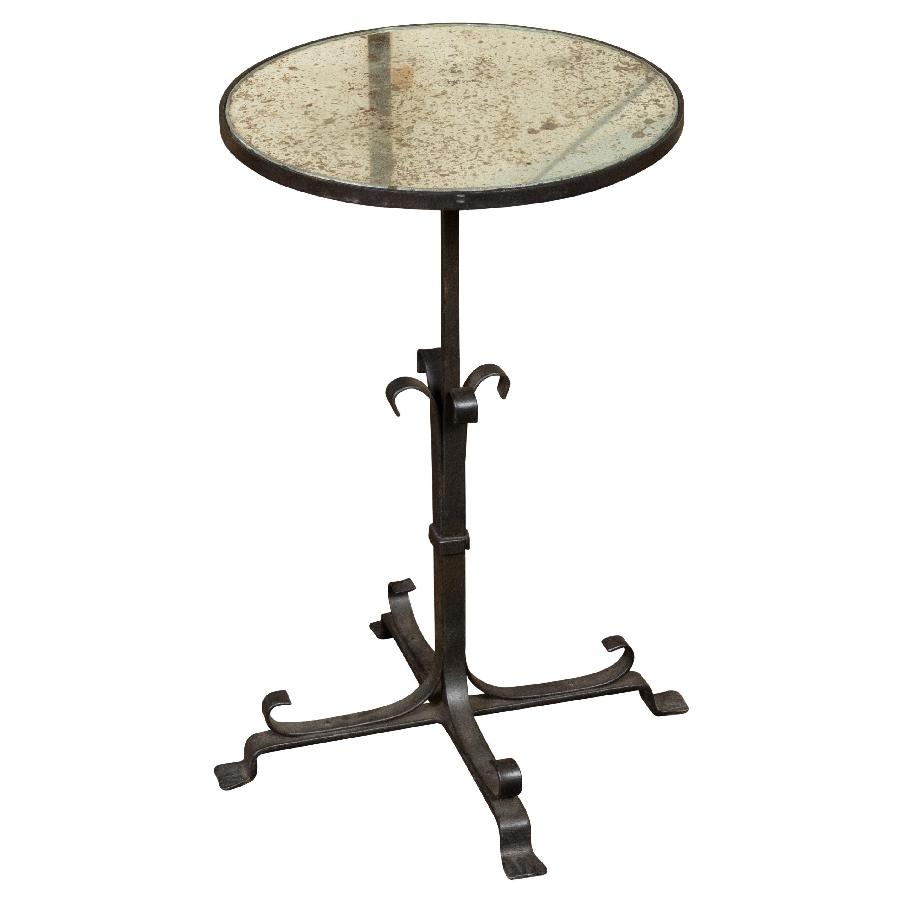 French Midcentury Iron Side Table with Antiqued Mirrored Top and Scrolling Base For Sale