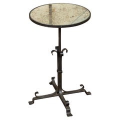 French Midcentury Iron Side Table with Antiqued Mirrored Top and Scrolling Base