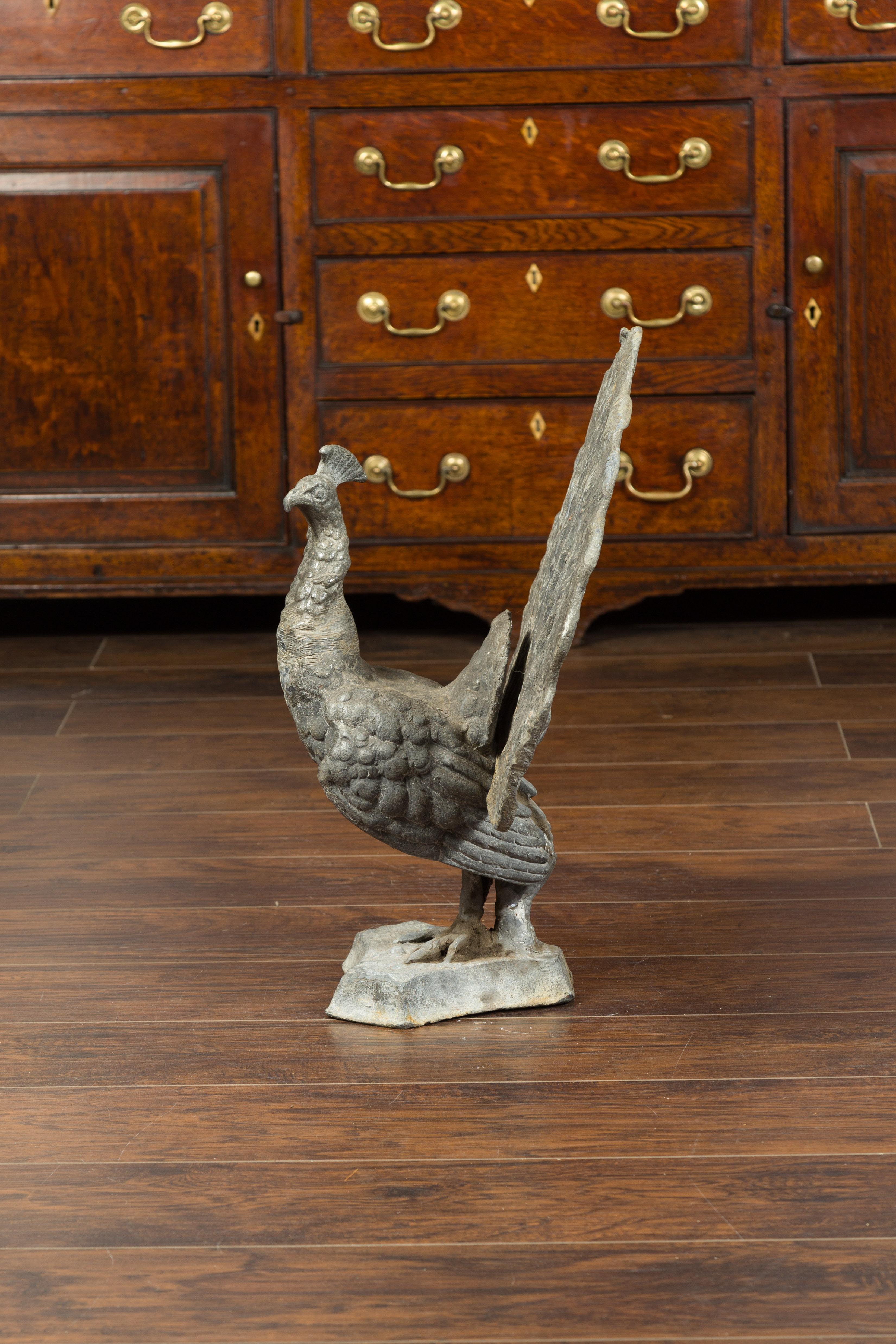 French Midcentury Lead Peacock Sculpture with Fully Open Removable Tail For Sale 6