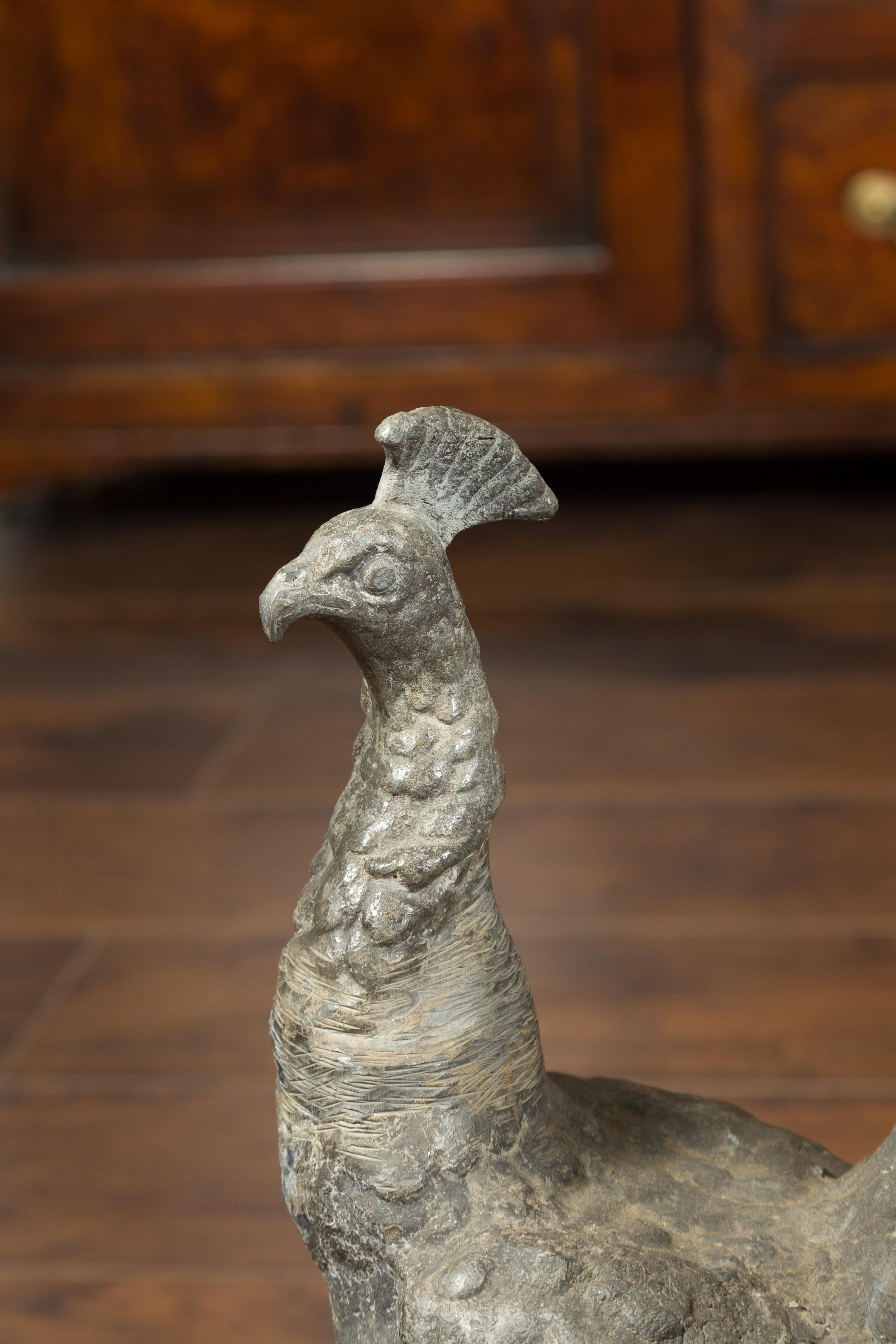 French Midcentury Lead Peacock Sculpture with Fully Open Removable Tail For Sale 7