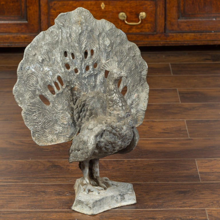 French Midcentury Lead Peacock Sculpture with Fully Open Removable Tail
