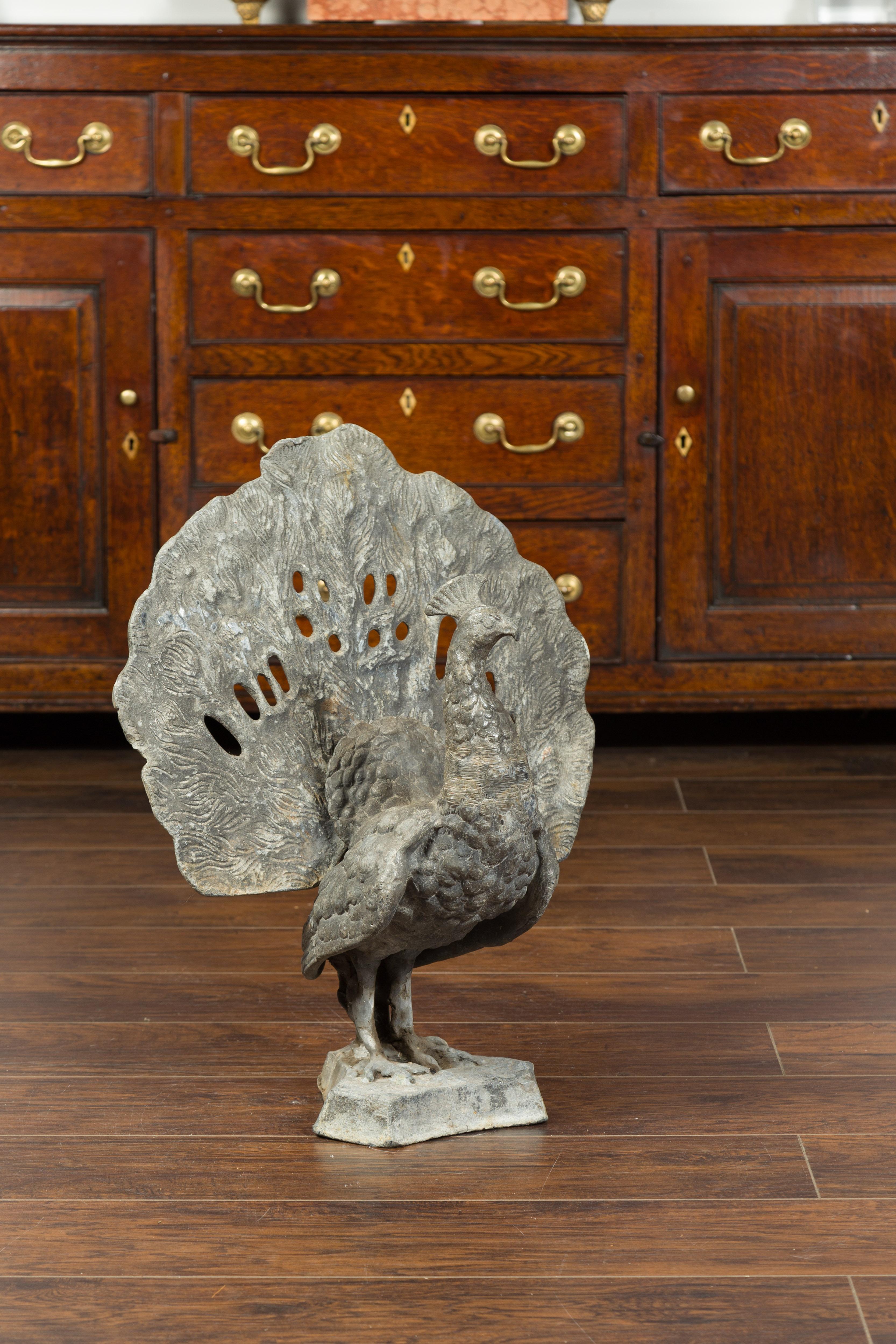 French Midcentury Lead Peacock Sculpture with Fully Open Removable Tail For Sale 3