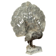 French Midcentury Lead Peacock Sculpture with Fully Open Removable Tail