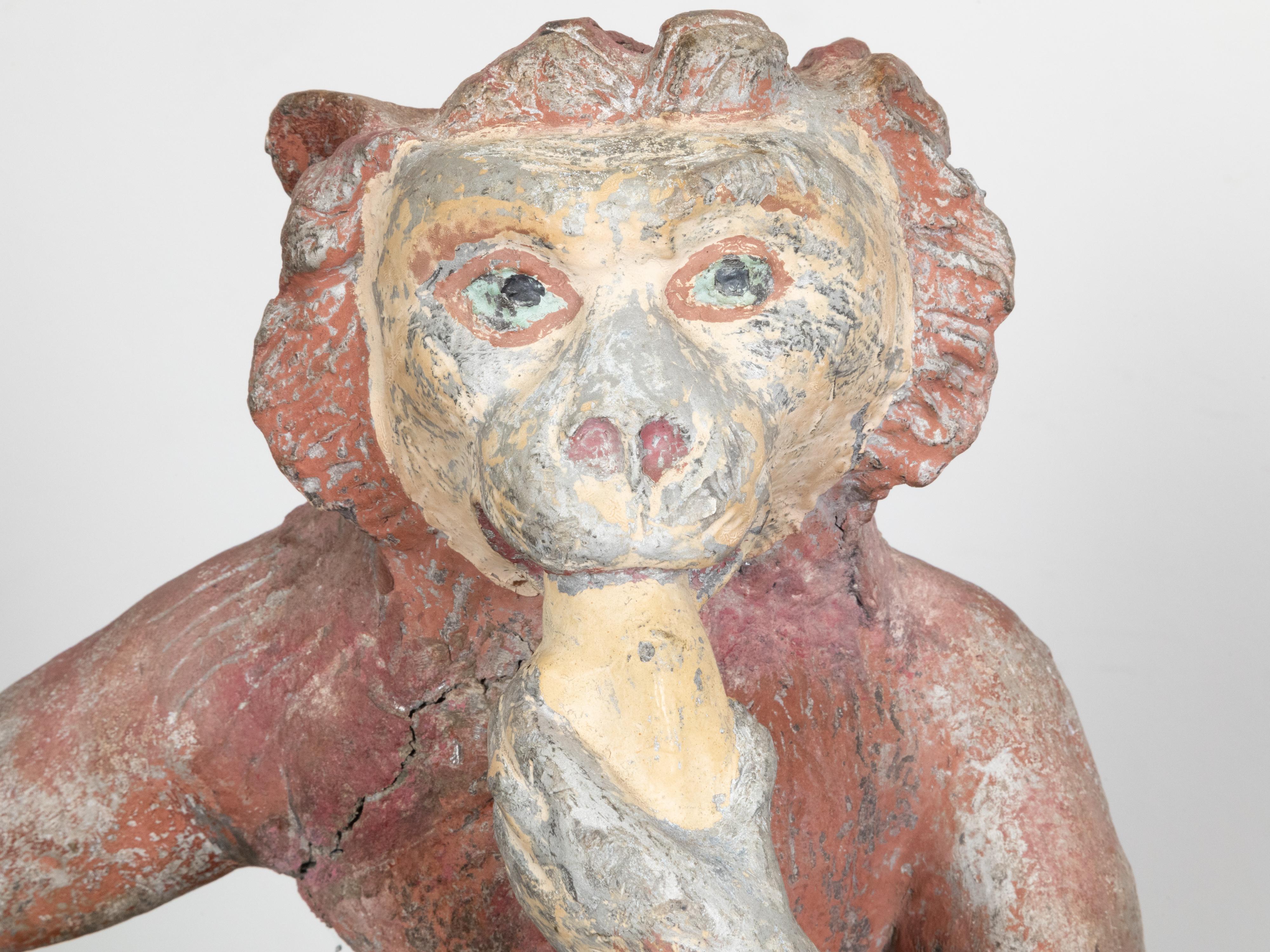 French Midcentury Lead Sculpture of a Monkey Eating a Banana with Aged Patina For Sale 3