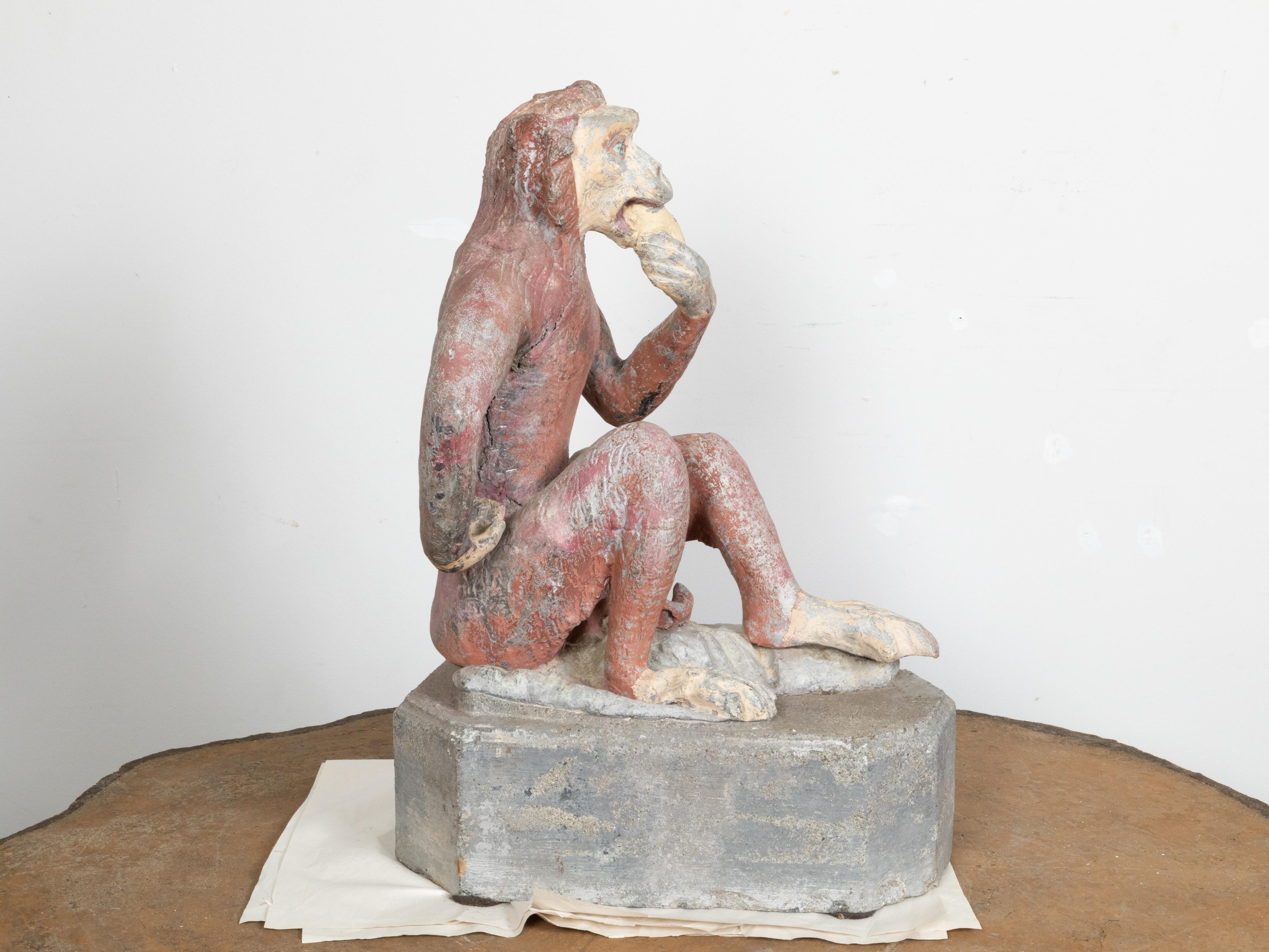 Painted French Midcentury Lead Sculpture of a Monkey Eating a Banana with Aged Patina For Sale