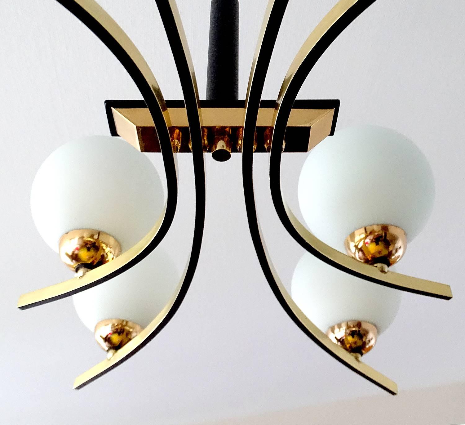 Large Modernist   French Maison Arlus Glass Brass Chandelier, Stilnovo Style  7