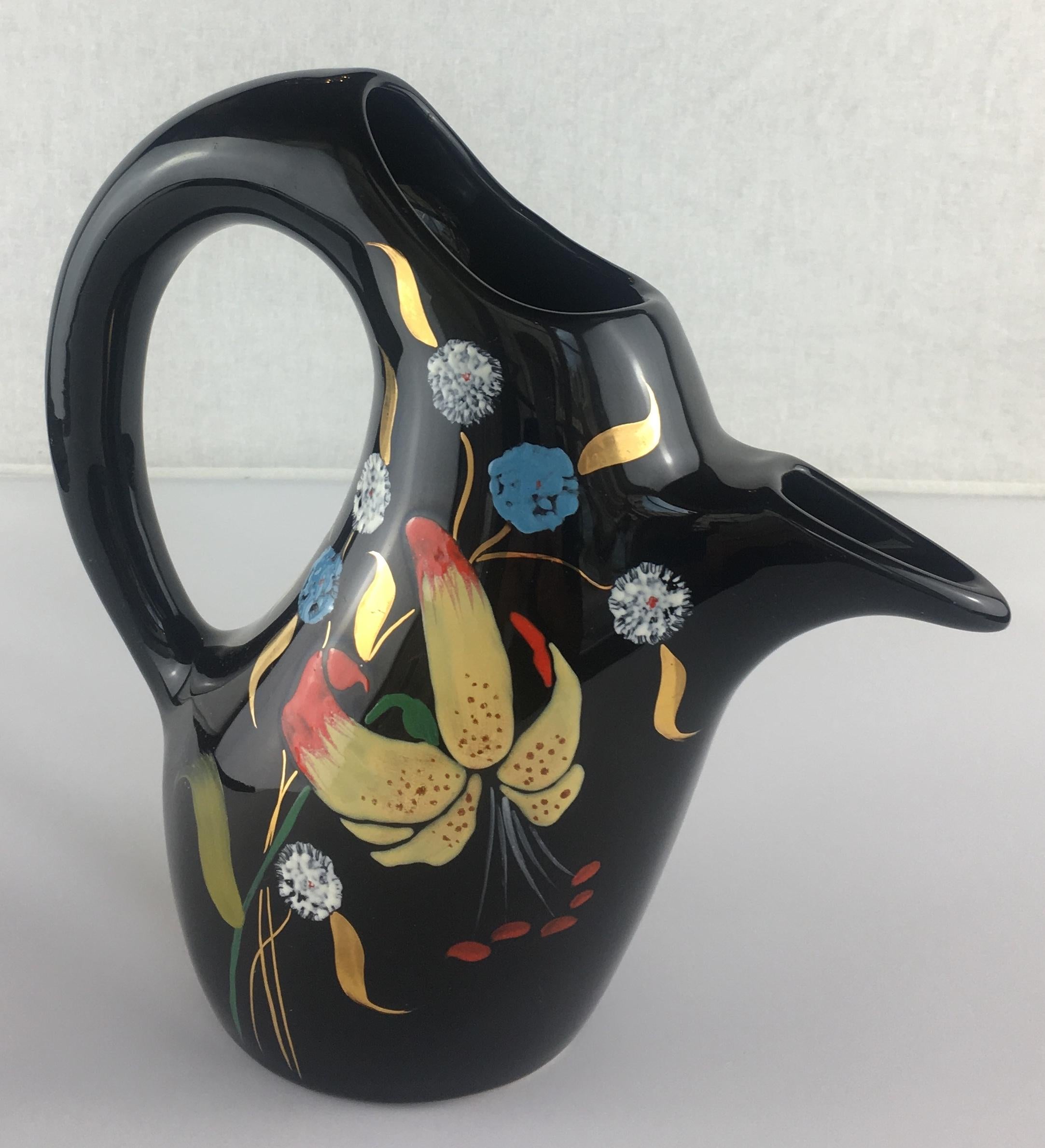 Beautiful French midcentury pitcher vase signed L. Valenti, Longwy with original Longwy design crown stamp. Titled 