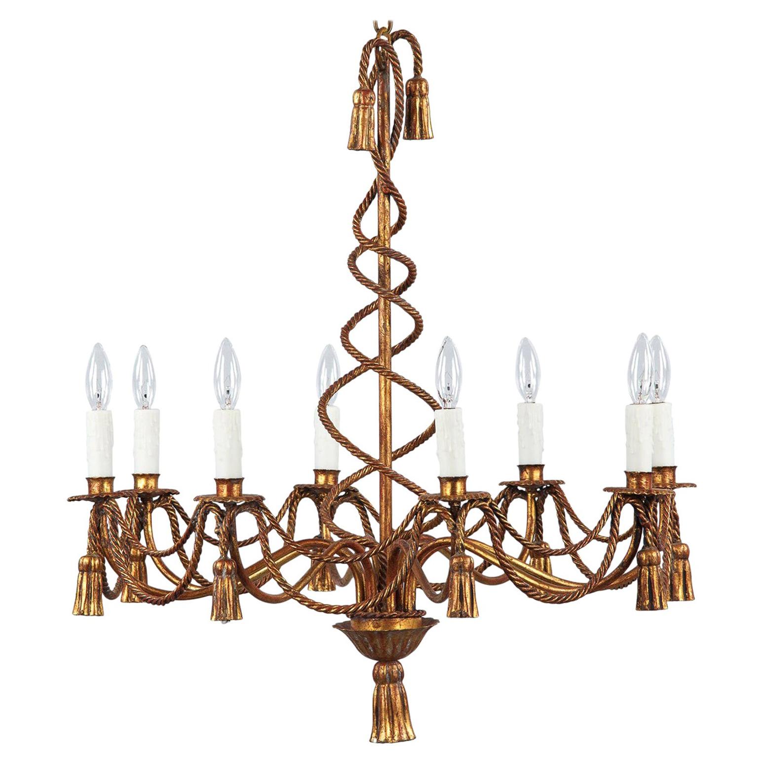 French Midcentury Louis XVI Style Gilded Metal 8-Light Chandelier