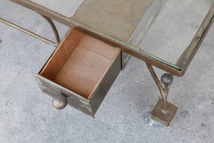 French Midcentury Low Rolling Metal and Glass Cocktail Table with Drawer