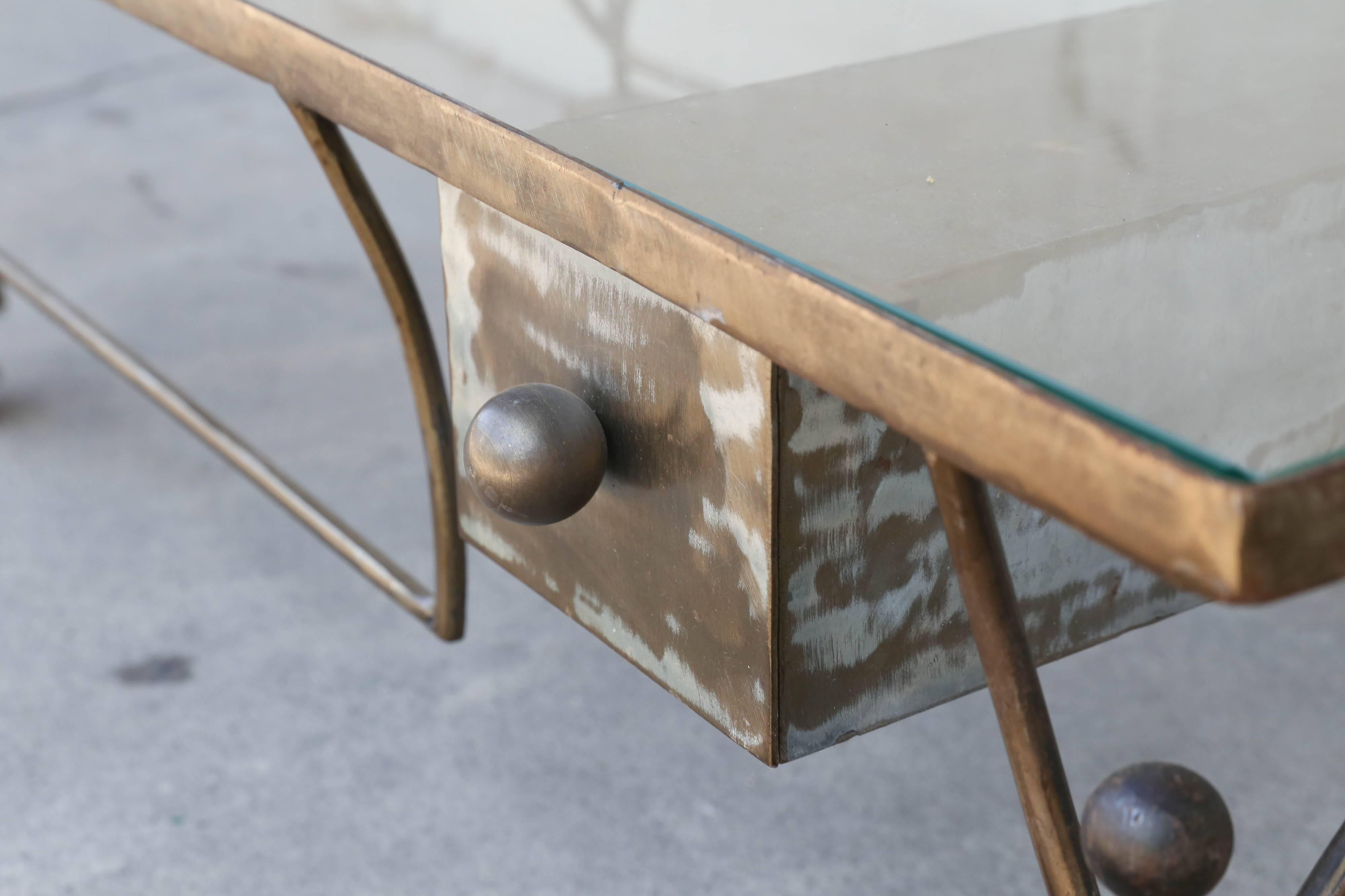 Mid-20th Century French Midcentury Low Rolling Metal and Glass Cocktail Table with Drawer