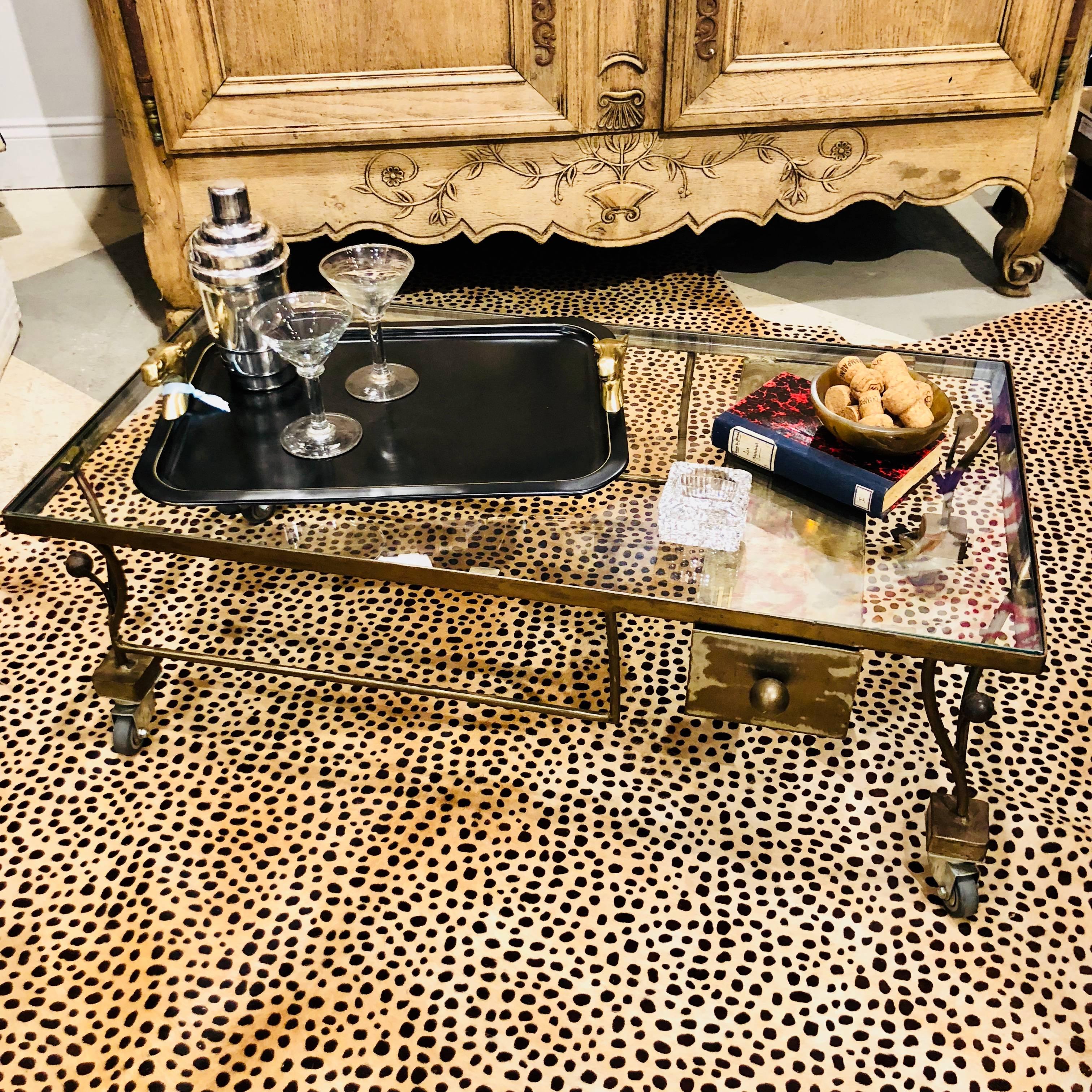 French Midcentury Low Rolling Metal and Glass Cocktail Table with Drawer 1