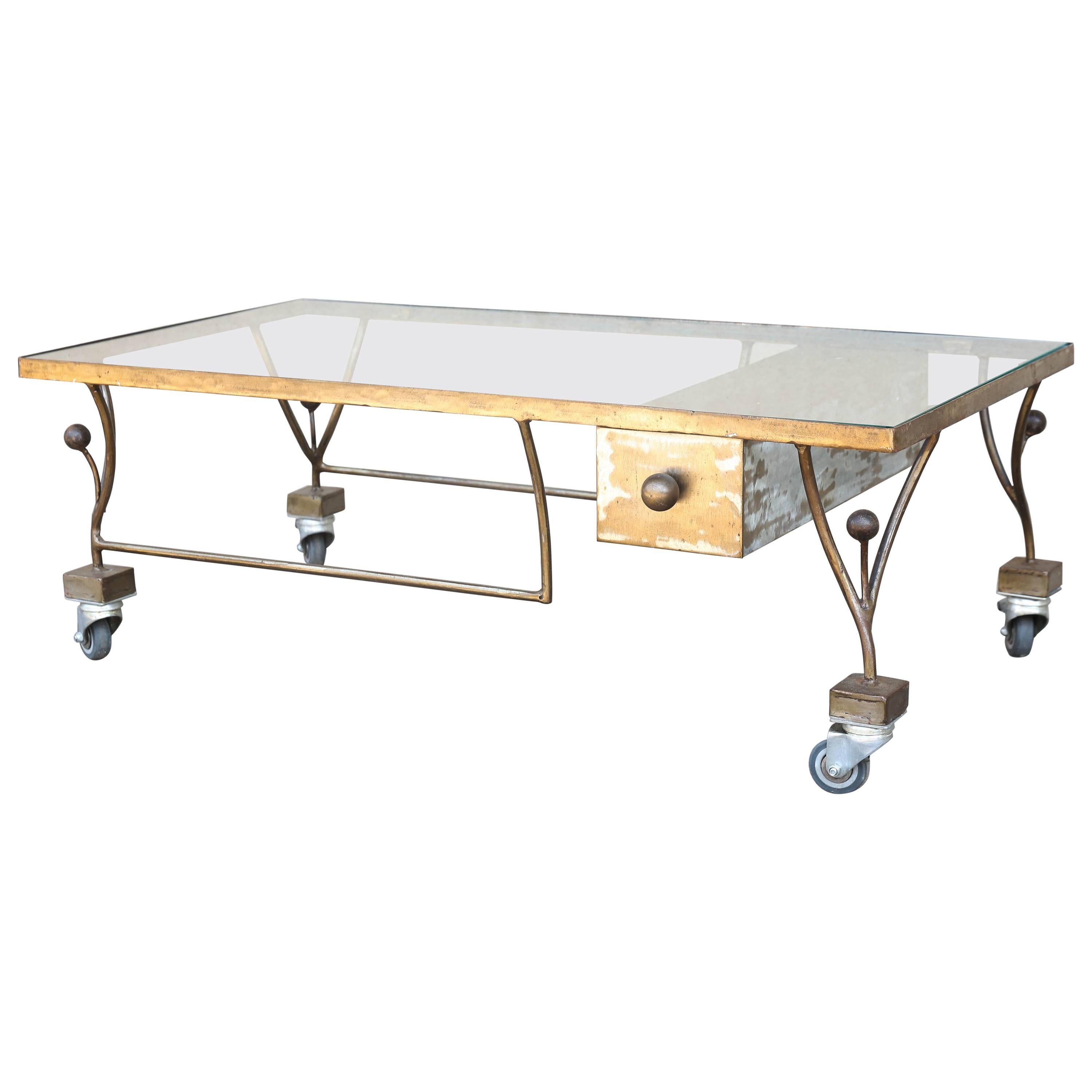 French Midcentury Low Rolling Metal and Glass Cocktail Table with Drawer