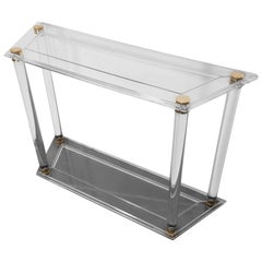 French Midcentury Lucite Console Table with Brass Metal Parts and Glass Shelves