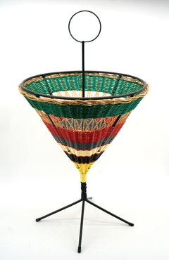 French Mid-Century Modern Magazine Rack, Wicker and Iron, 1950s Design
