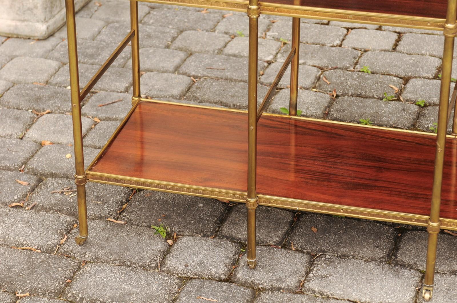 French Midcentury Mahogany and Brass Tiered Trolley with Casters, circa 1950 8