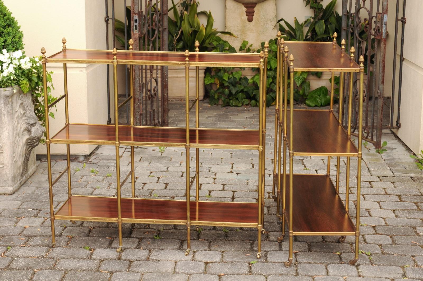 French Midcentury Mahogany and Brass Tiered Trolley with Casters, circa 1950 10