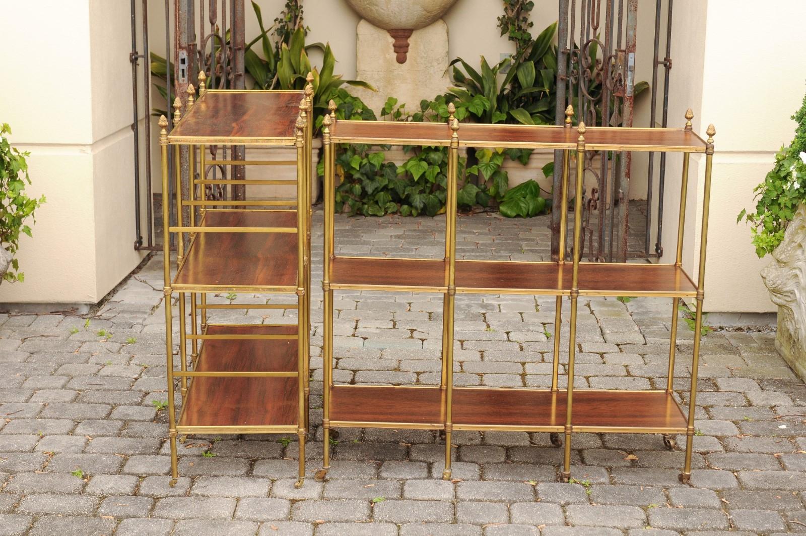 French Midcentury Mahogany and Brass Tiered Trolley with Casters, circa 1950 1