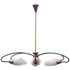 French Midcentury Maison Arlus Brass and Glass Pendant Lamp Chandelier