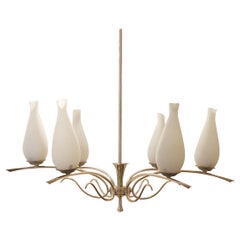 French Midcentury Maison Arlus Brass and Glass Pendant Lamp Chandelier