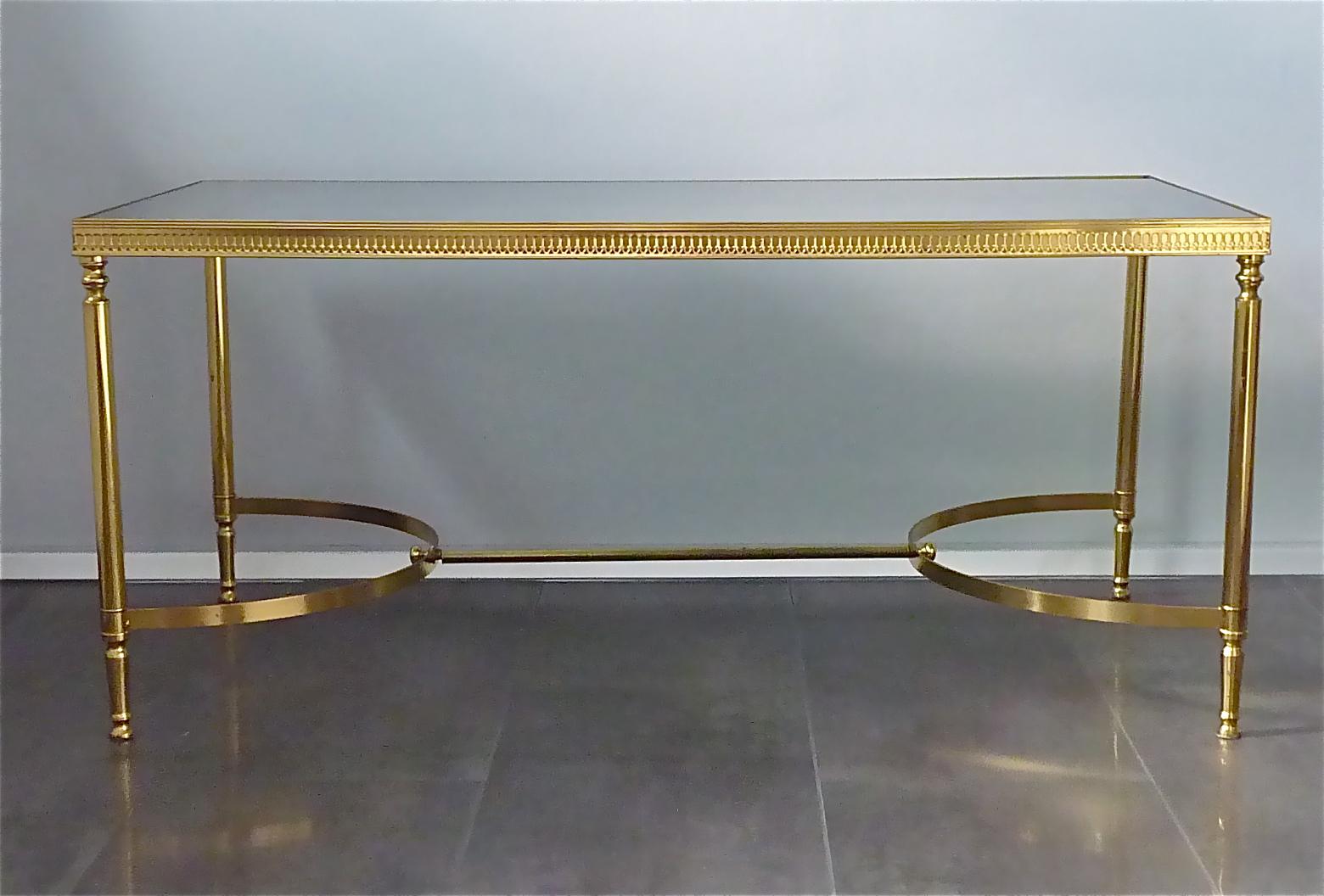 Patinated French Midcentury Maison Baguès Jansen Couch Sofa Table Brass Mirror Glass 1950s For Sale
