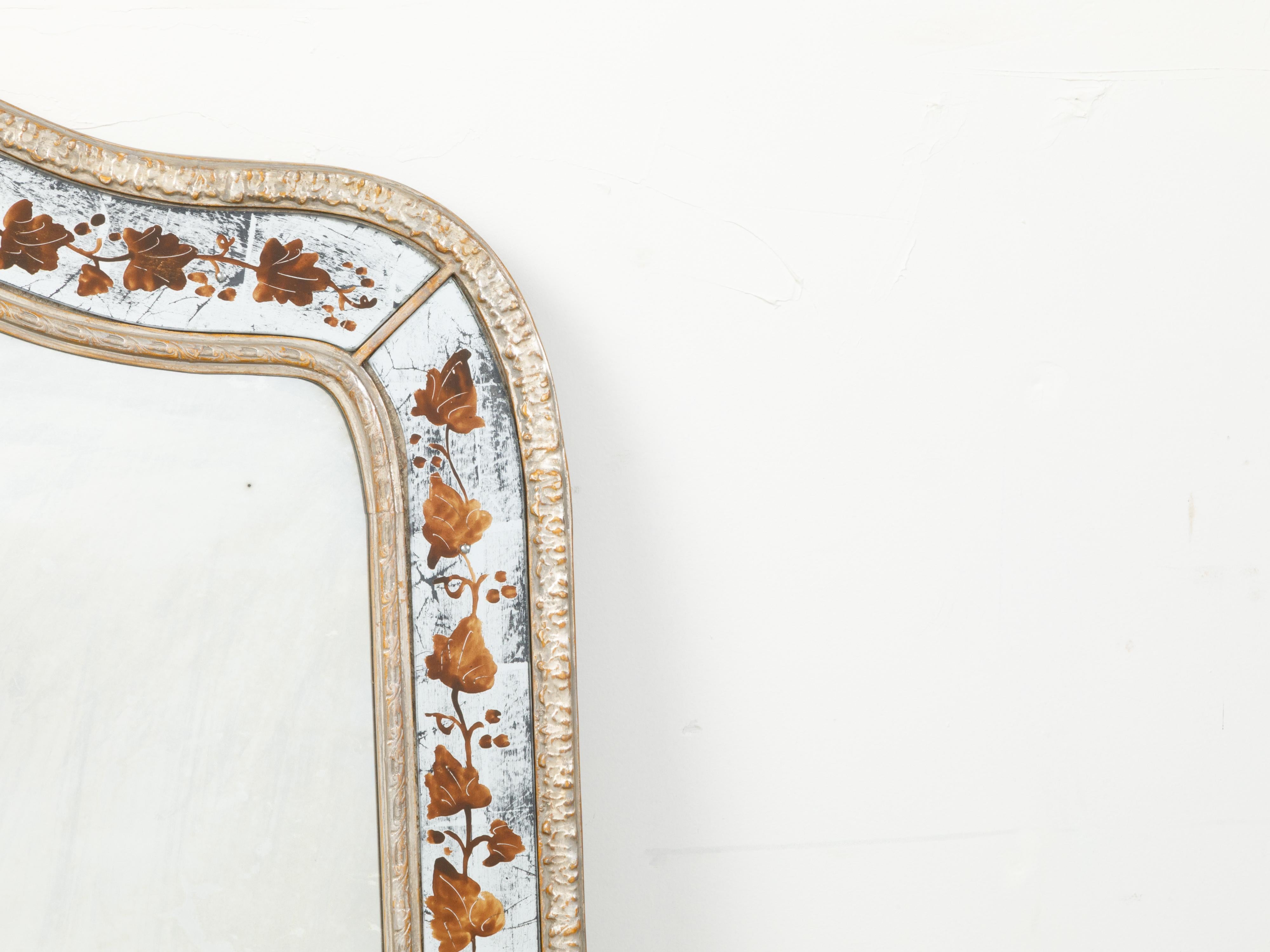Carved French Mid-Century Maison Jansen Camel Back Mirror with Painted Leaves