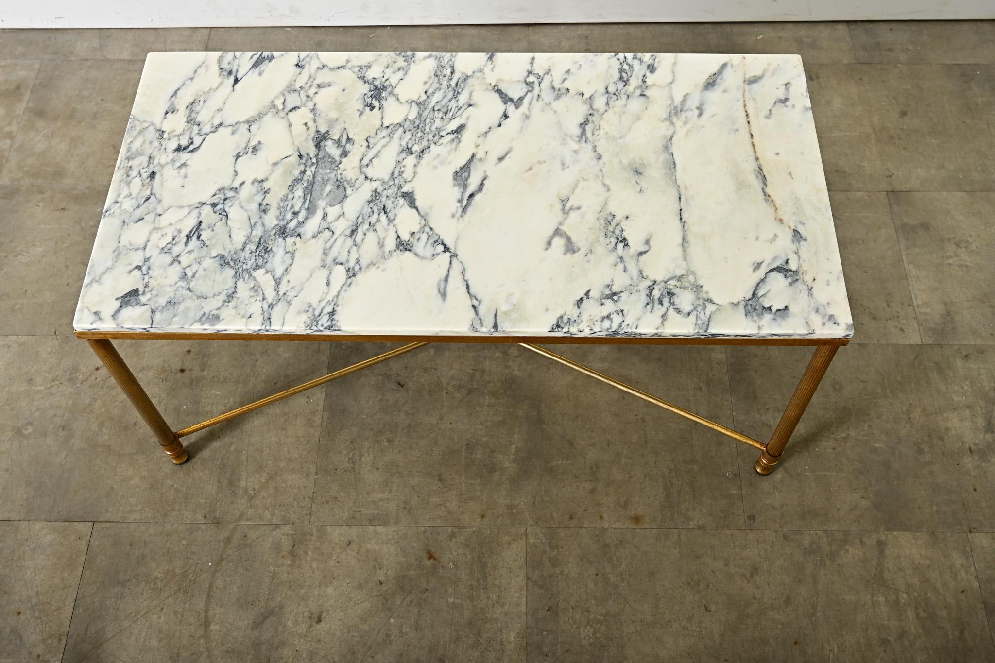French Midcentury Marble and Brass Coffee Table In Good Condition For Sale In Baton Rouge, LA