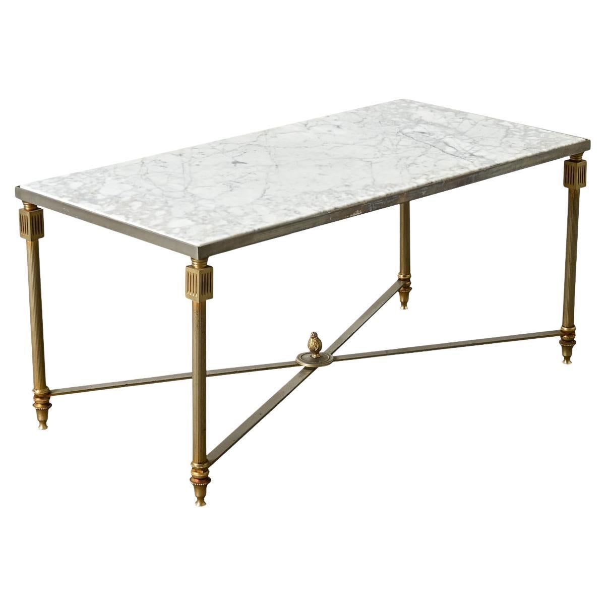 French Midcentury Marble and Brass Coffee Table