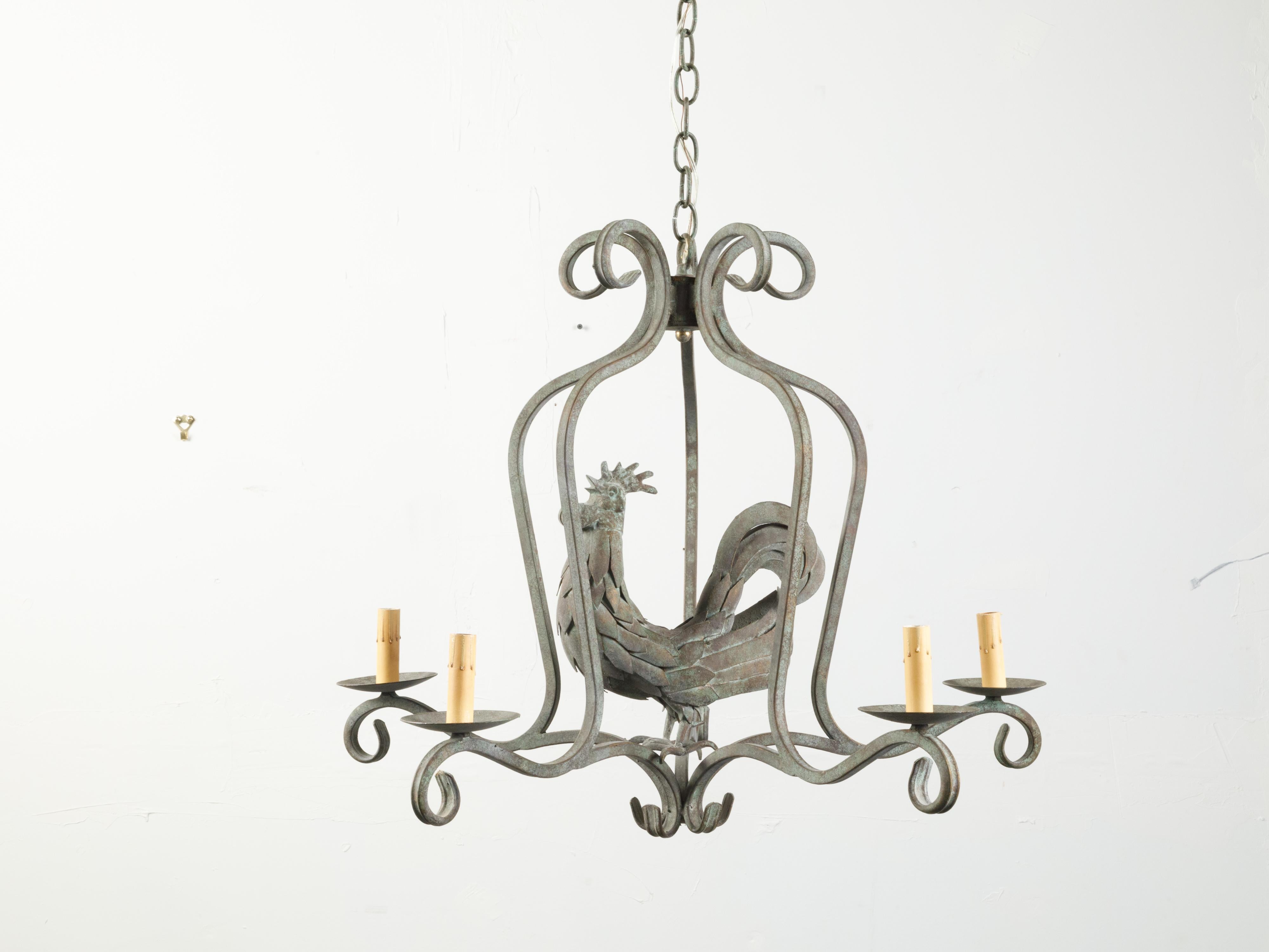 French Midcentury Metal Rooster Five-Light Chandelier with Verdigris Patina For Sale 4