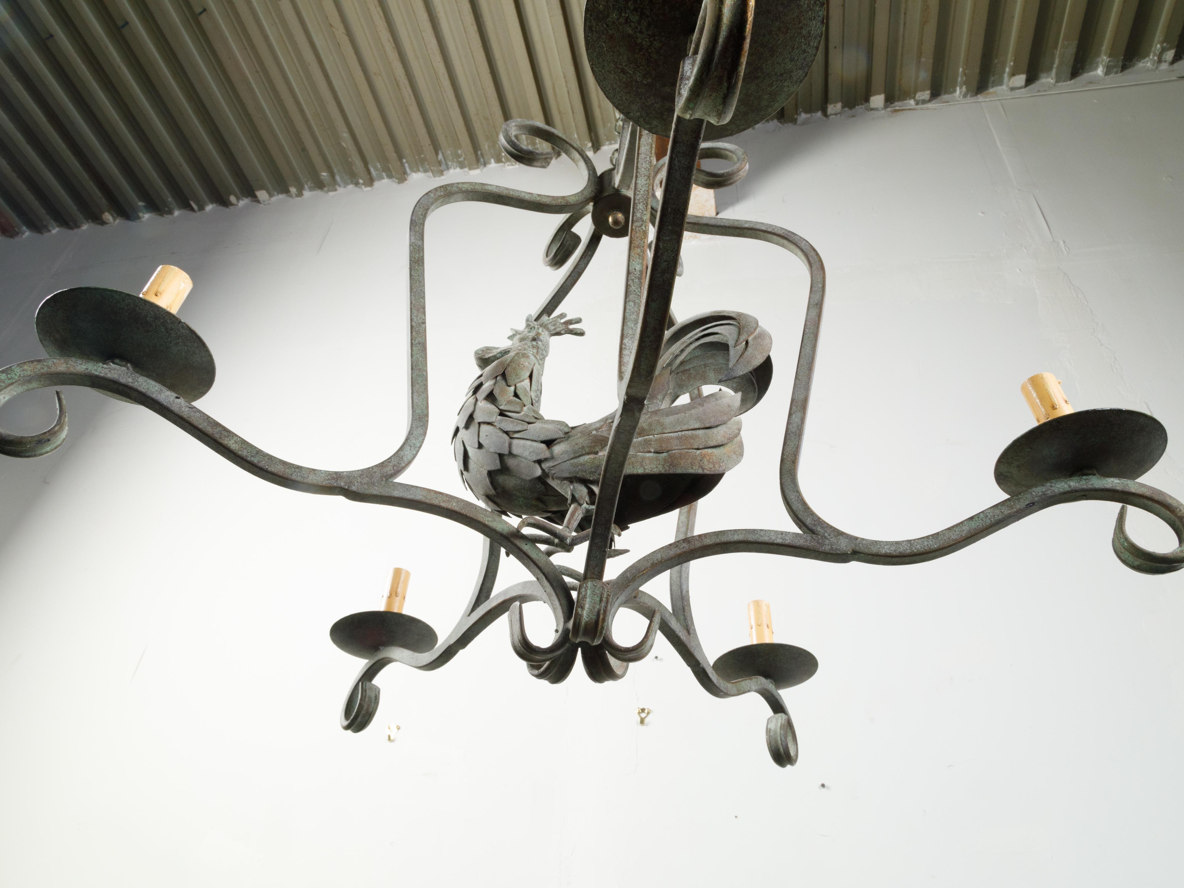 French Midcentury Metal Rooster Five-Light Chandelier with Verdigris Patina In Good Condition For Sale In Atlanta, GA