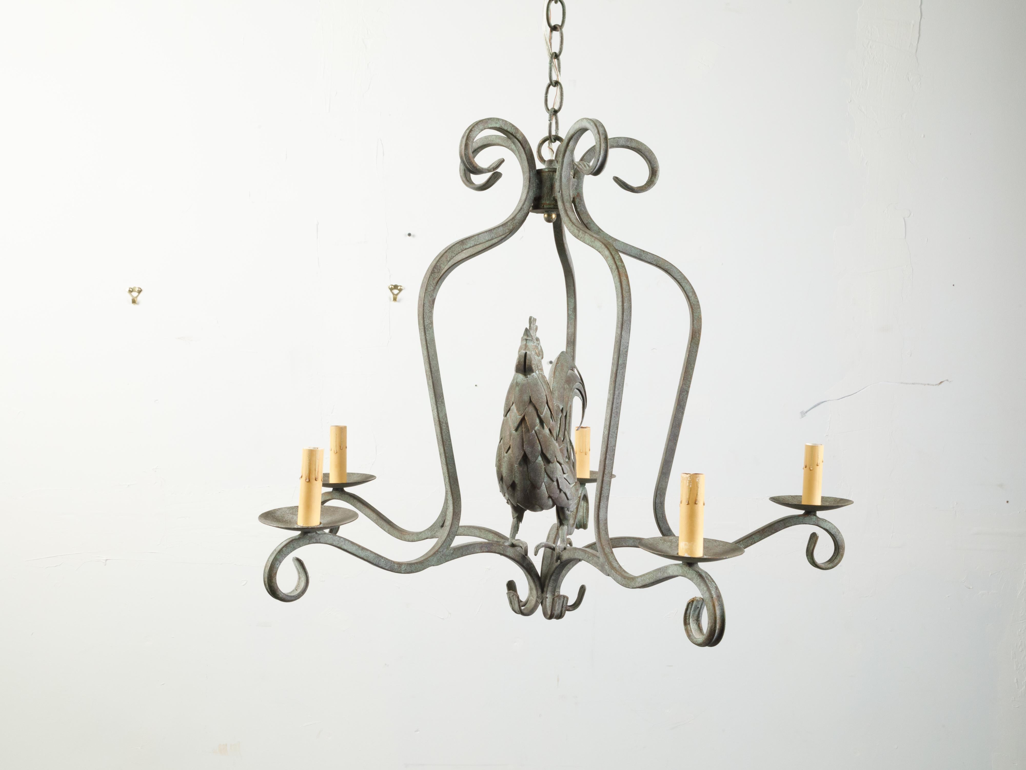 French Midcentury Metal Rooster Five-Light Chandelier with Verdigris Patina For Sale 1