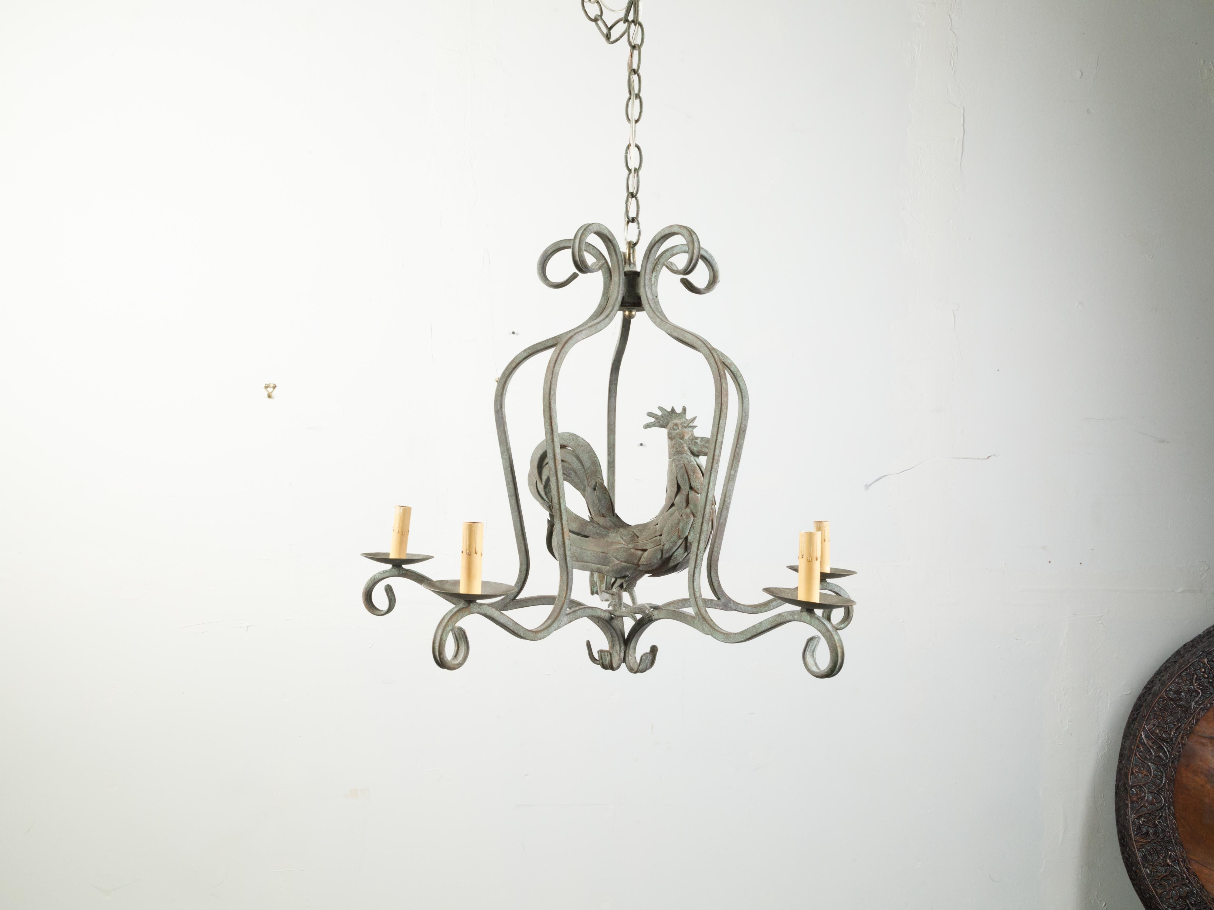French Midcentury Metal Rooster Five-Light Chandelier with Verdigris Patina For Sale 2
