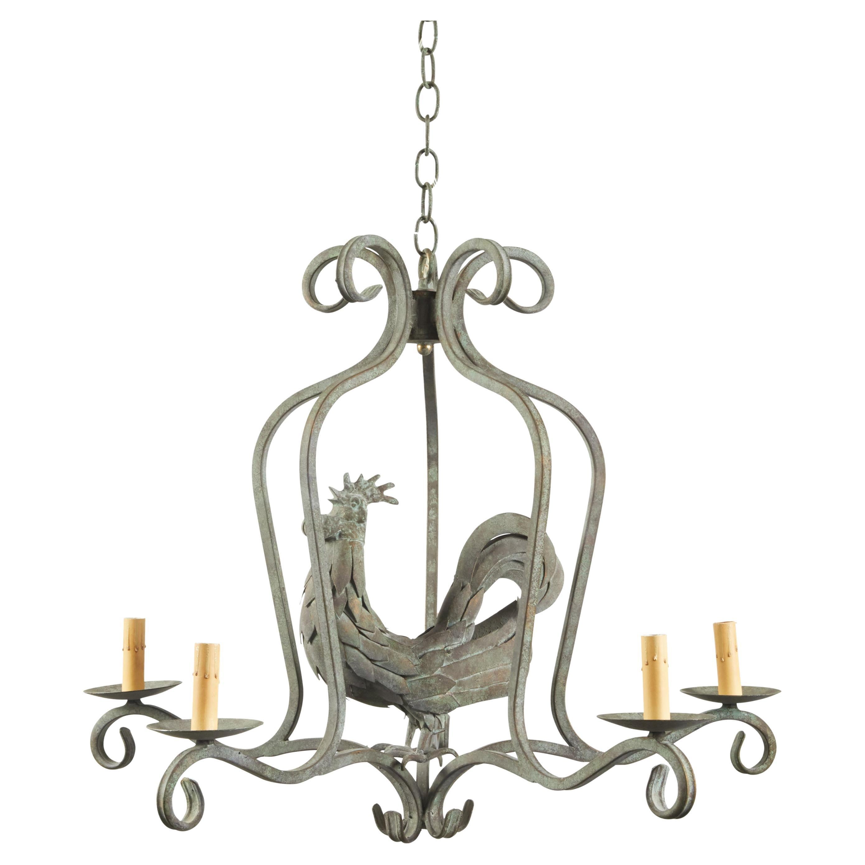 French Midcentury Metal Rooster Five-Light Chandelier with Verdigris Patina