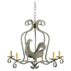 Vintage French Midcentury Metal Rooster Five-Light Chandelier with Verdigris Patina