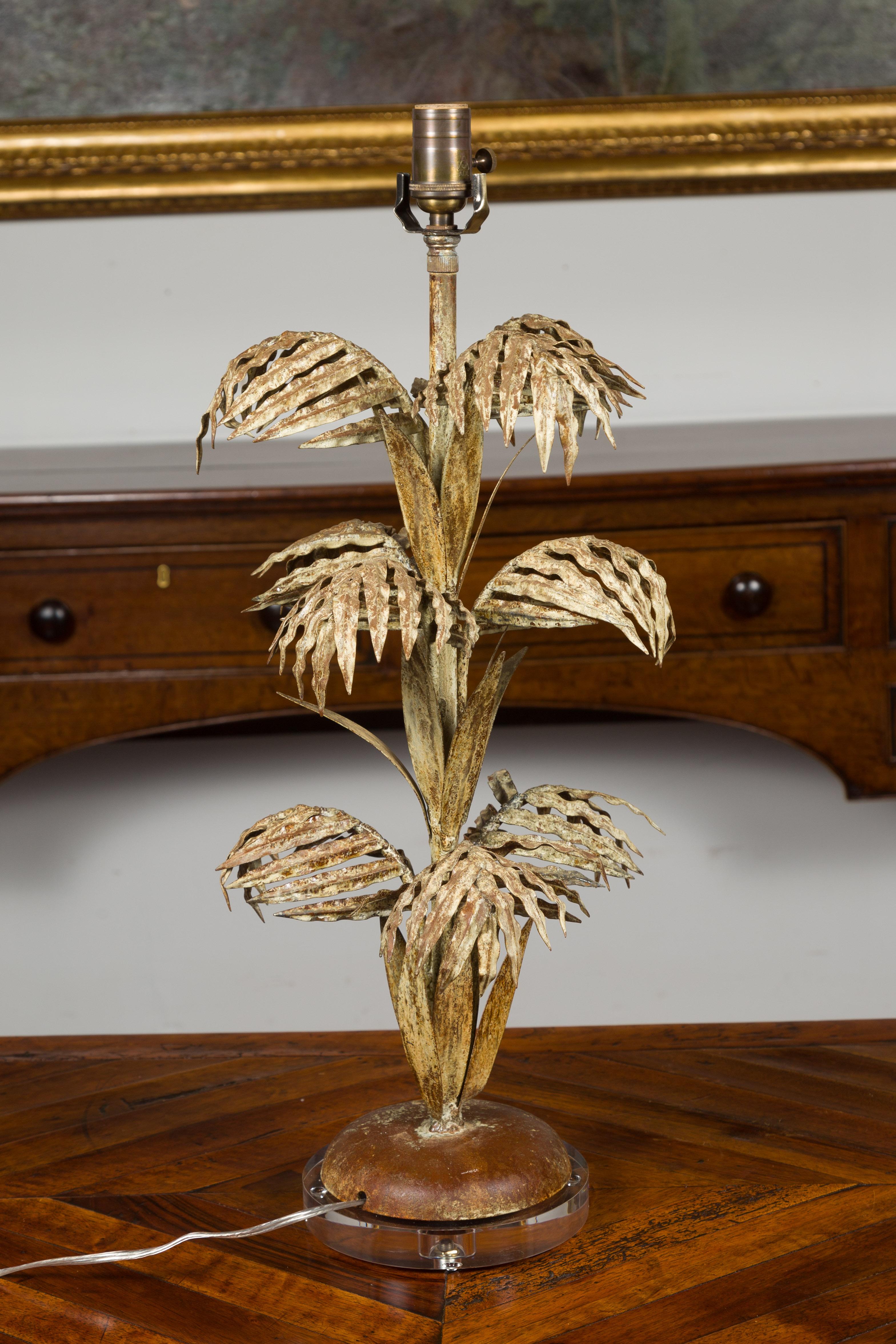 French Midcentury Metal Three-Tiered Palm Tree Lamp with Custom Lucite Base For Sale 8