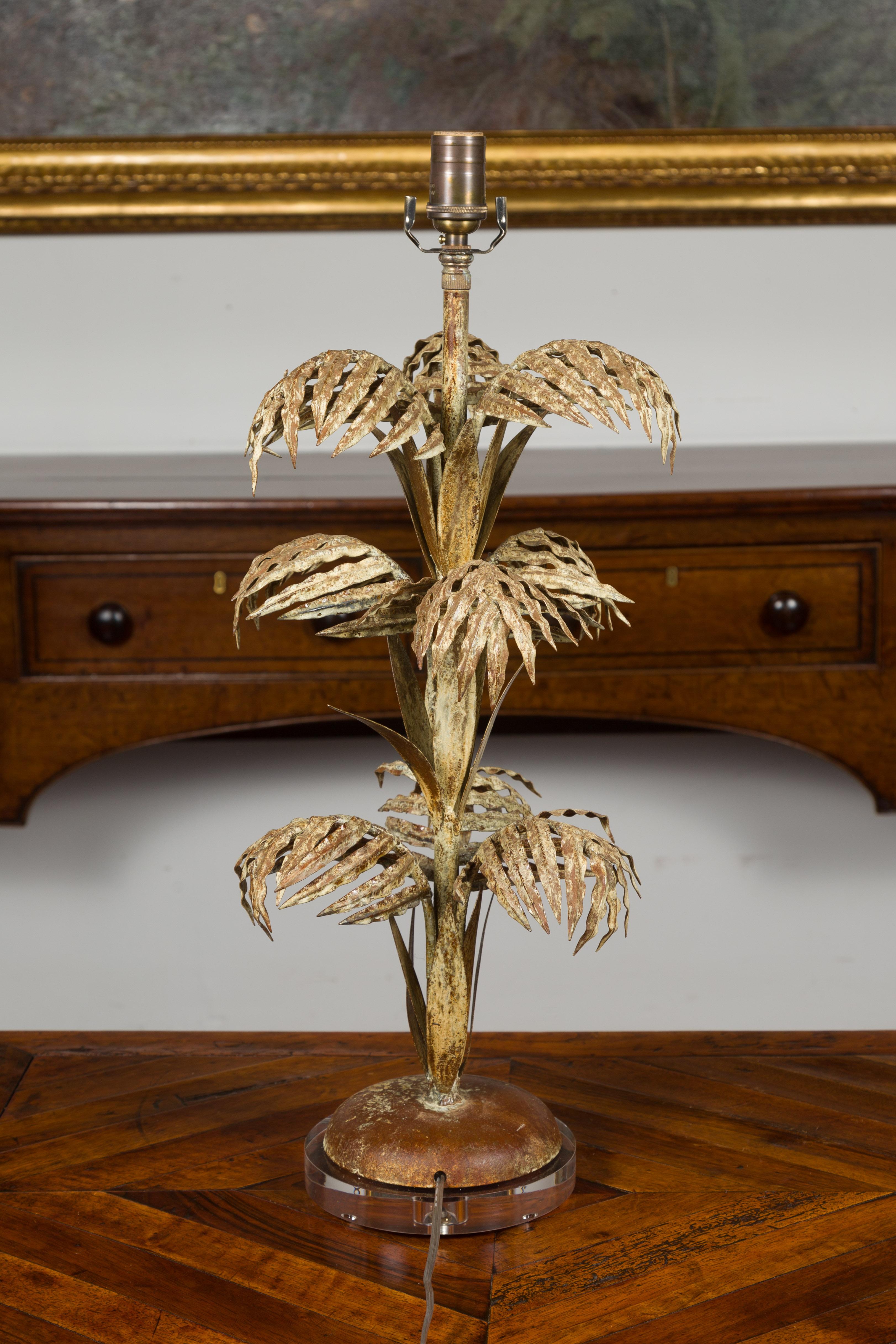 French Midcentury Metal Three-Tiered Palm Tree Lamp with Custom Lucite Base For Sale 9