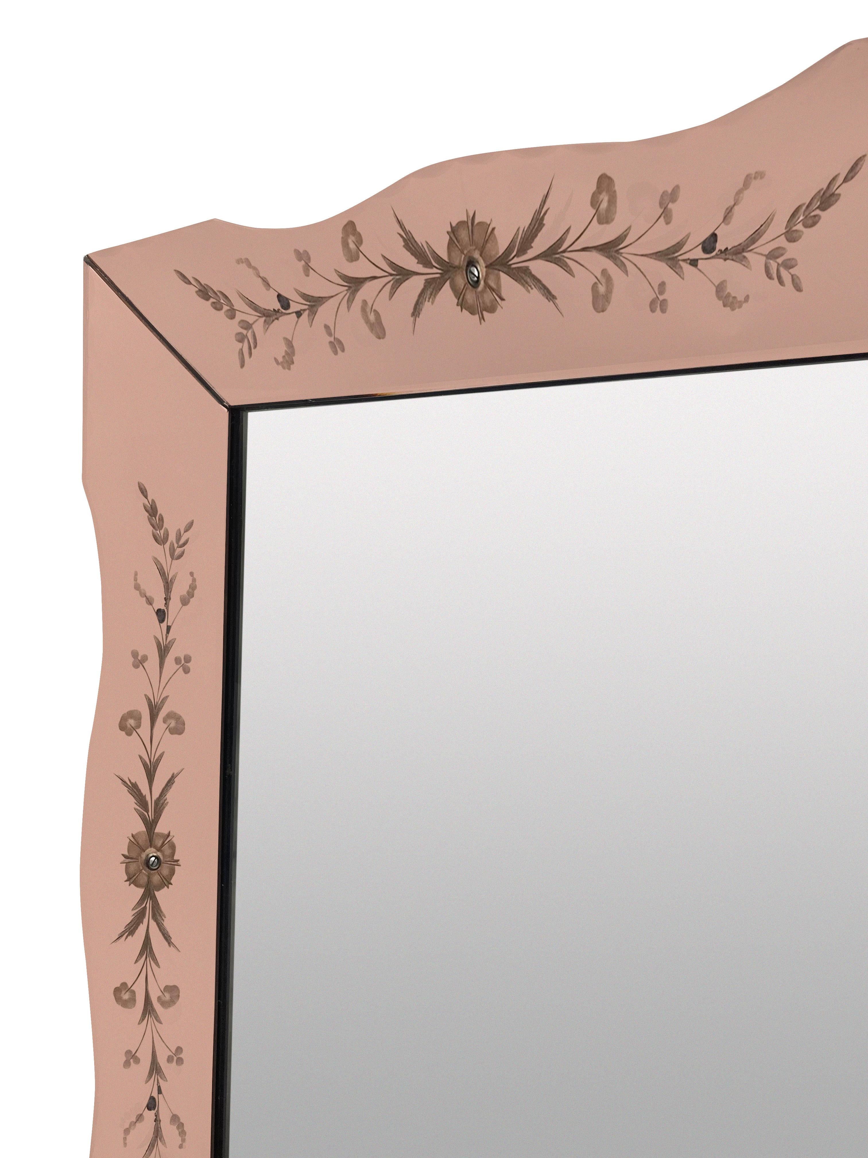 Mid-Century Modern Miroir français du milieu du siècle avec bordure rose en vente
