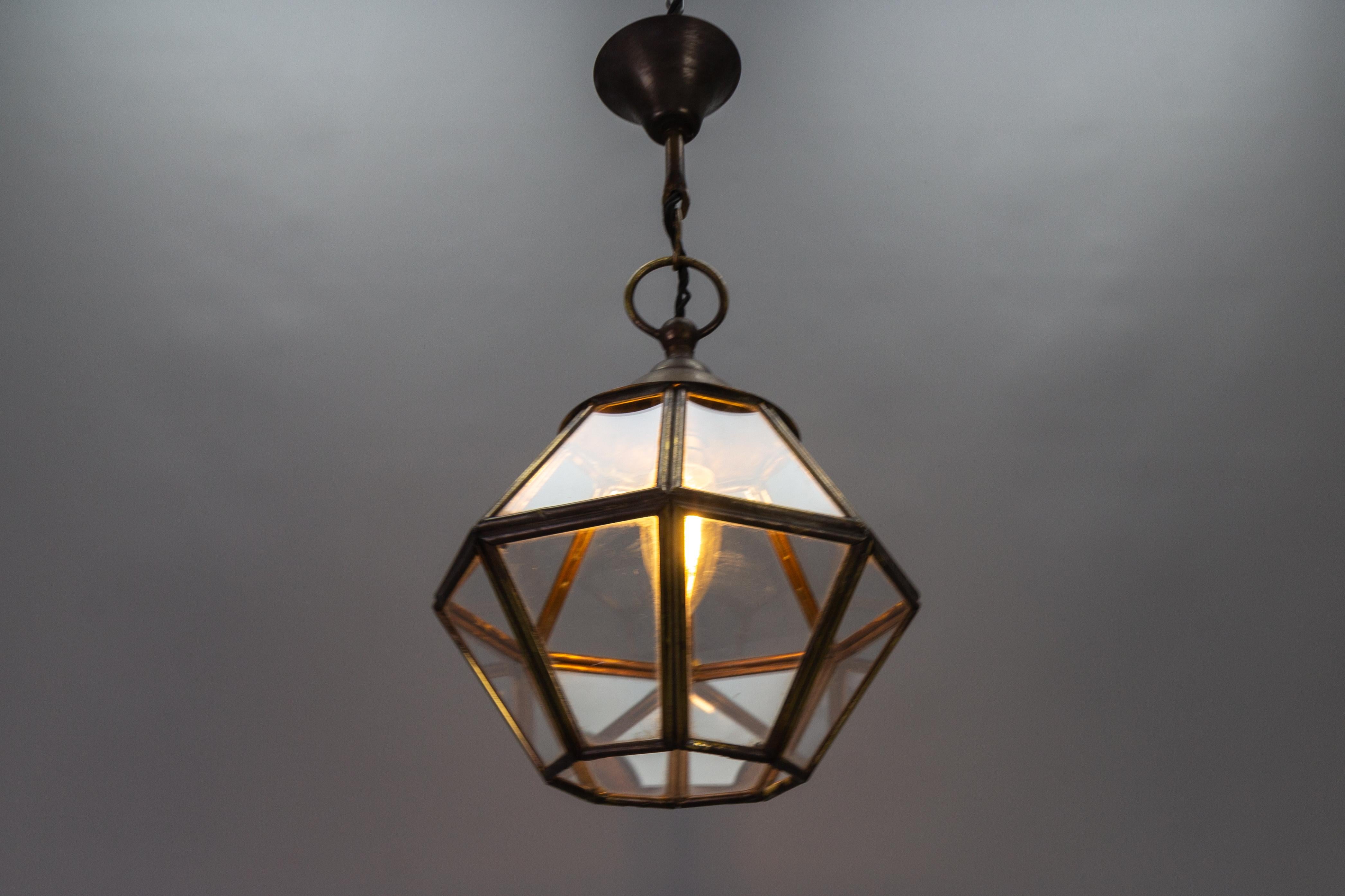 Mid-Century Modern French Midcentury-Modern Brass and Clear Glass Octagonal Hanging Lantern For Sale
