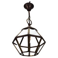 Vintage French Midcentury-Modern Brass and Clear Glass Octagonal Hanging Lantern