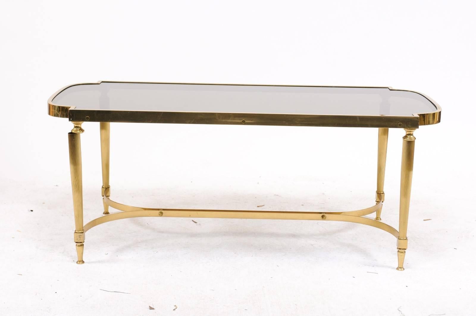 Mid-Century Modern French Midcentury Modern Bronze Coffee Table with Smoked Glass and Reeded Legs